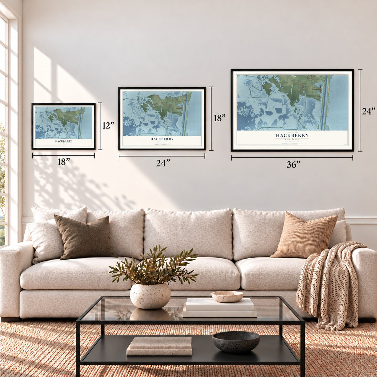 Hackberry, Louisiana map in 12 x 18, 18 x 24 and 24 x 36 inch sizes above a sofa