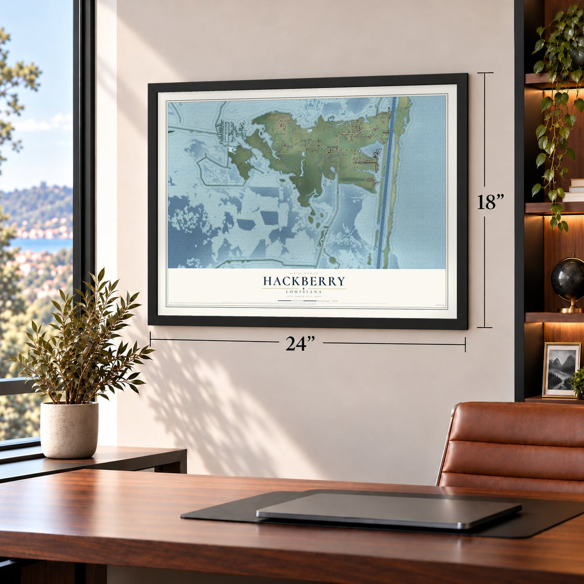 Hackberry, Louisiana map, 18 x 24 inch print in a black frame in a home office