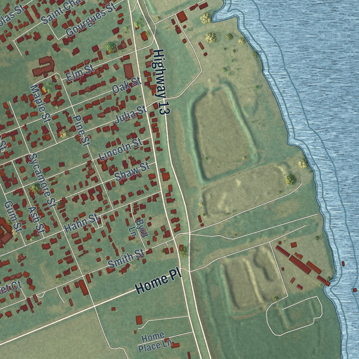 Close-up of the map of Hahnville, Louisiana print showing street and building detail