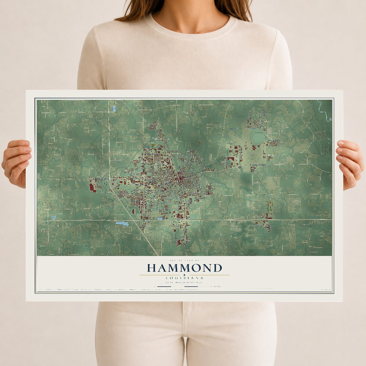 Map of Hammond, Louisiana, 12 x 18 inch unframed archival matte print