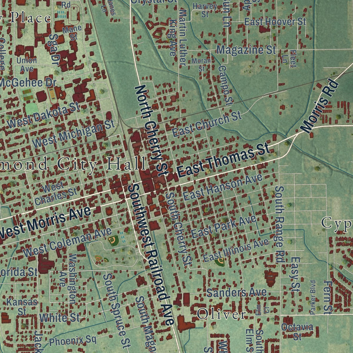 Close-up of the map of Hammond, Louisiana print showing street and building detail