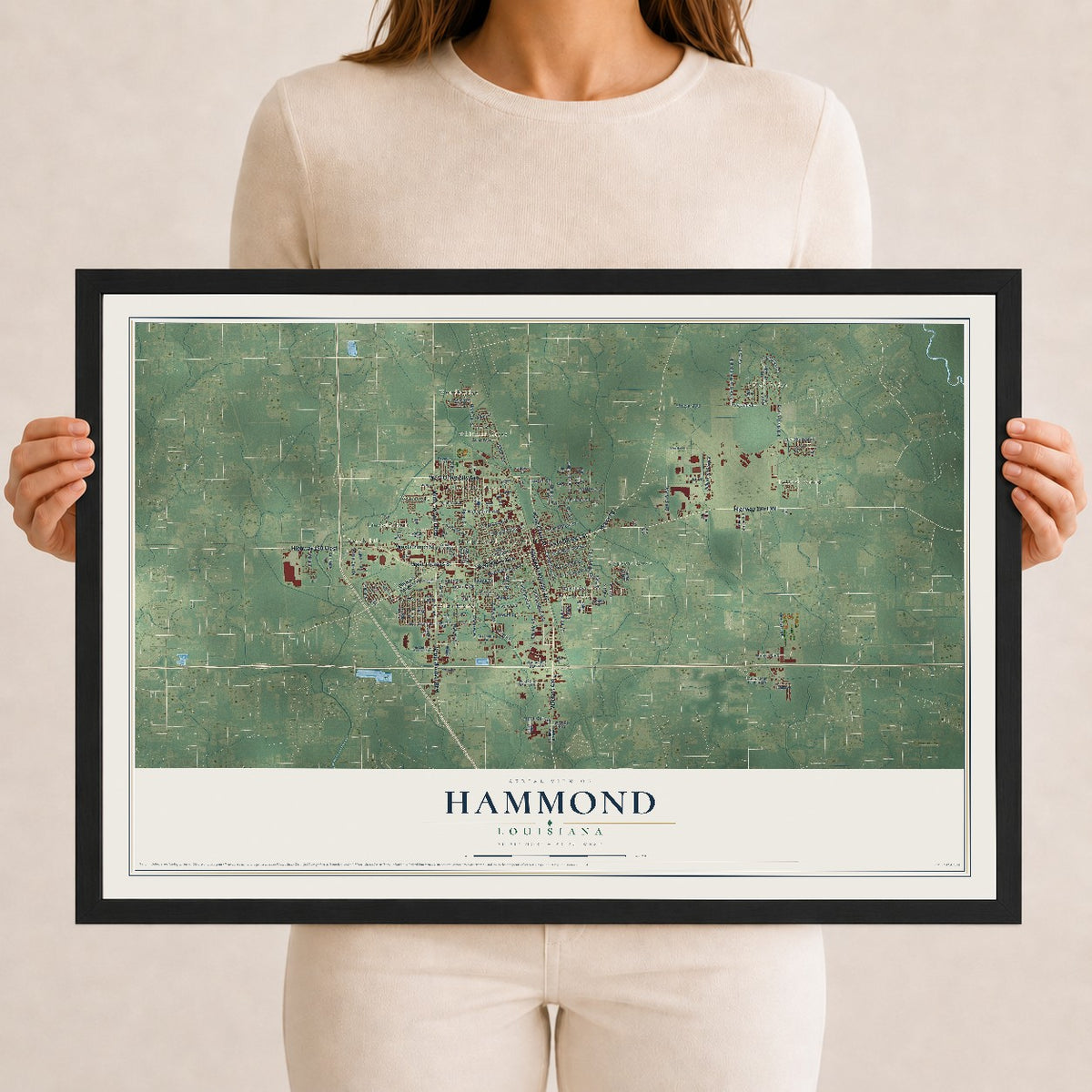 Map of Hammond, Louisiana, 12 x 18 inch print in a black wood frame