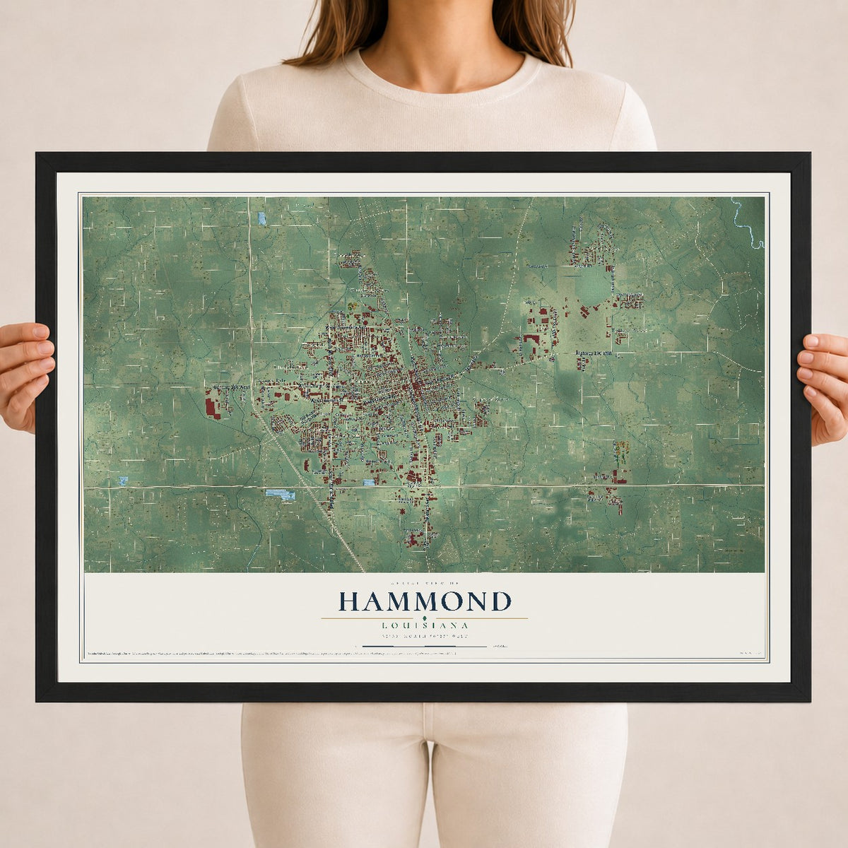 Map of Hammond, Louisiana, 18 x 24 inch print in a black wood frame