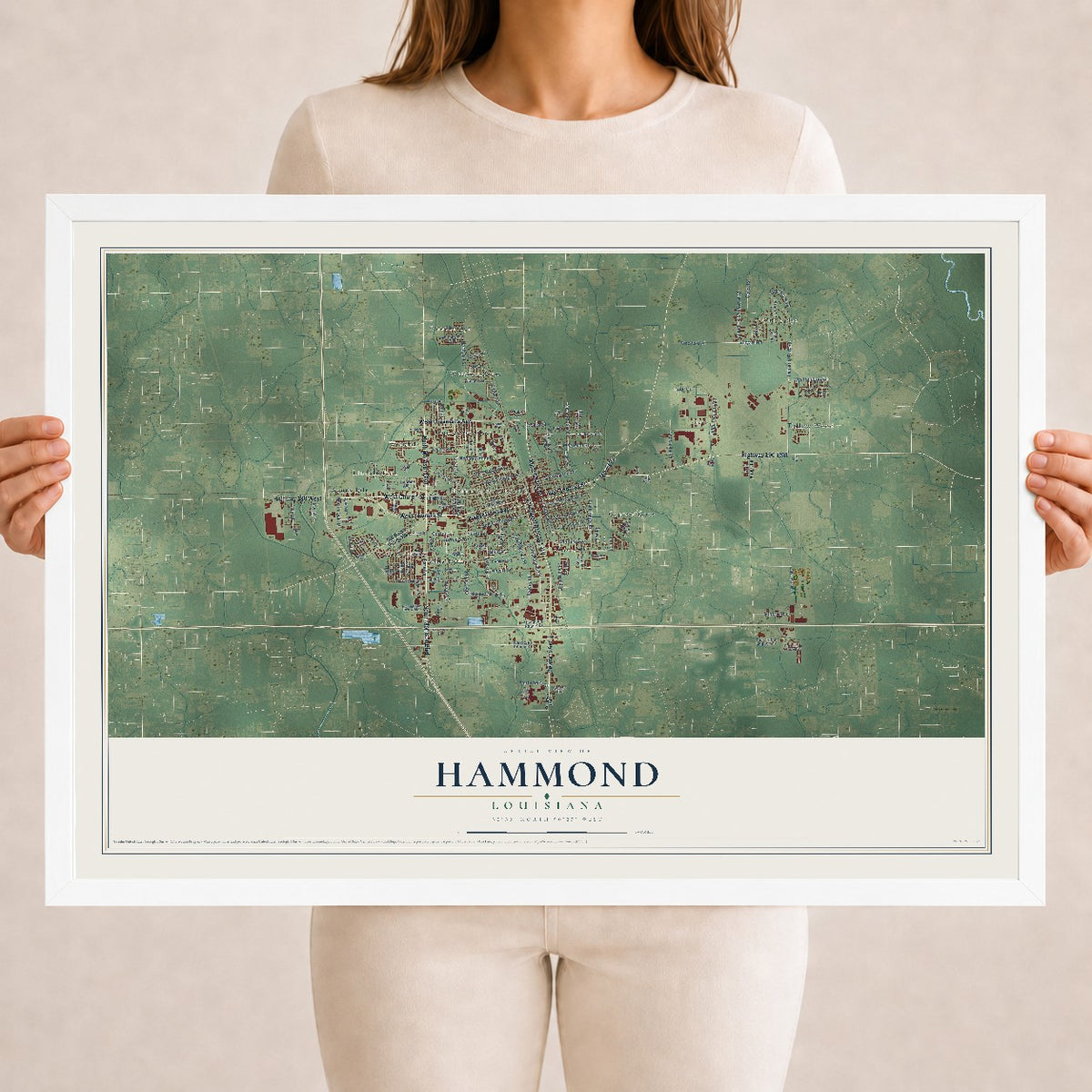 Map of Hammond, Louisiana, 18 x 24 inch print in a white wood frame