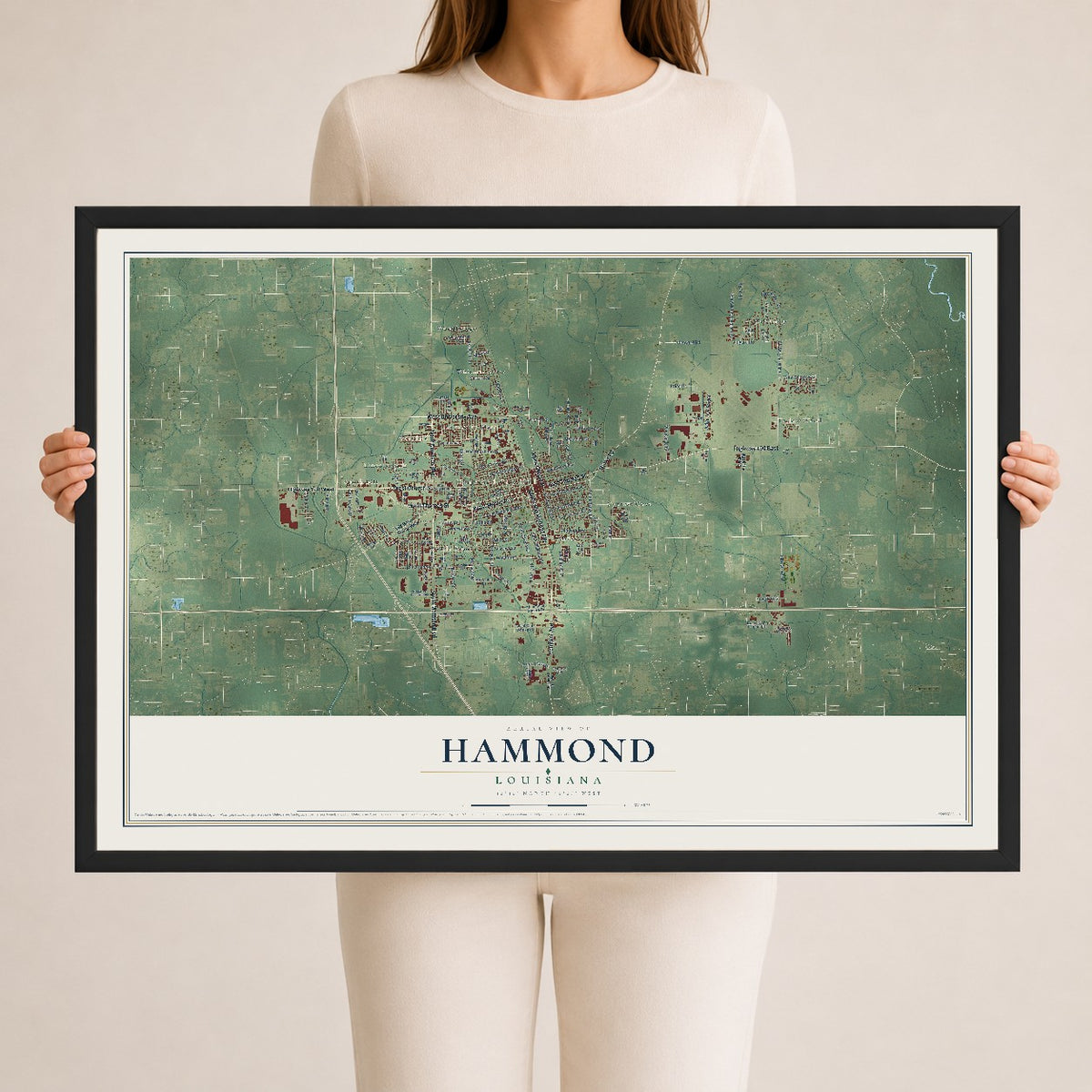 Map of Hammond, Louisiana, 24 x 36 inch print in a black wood frame