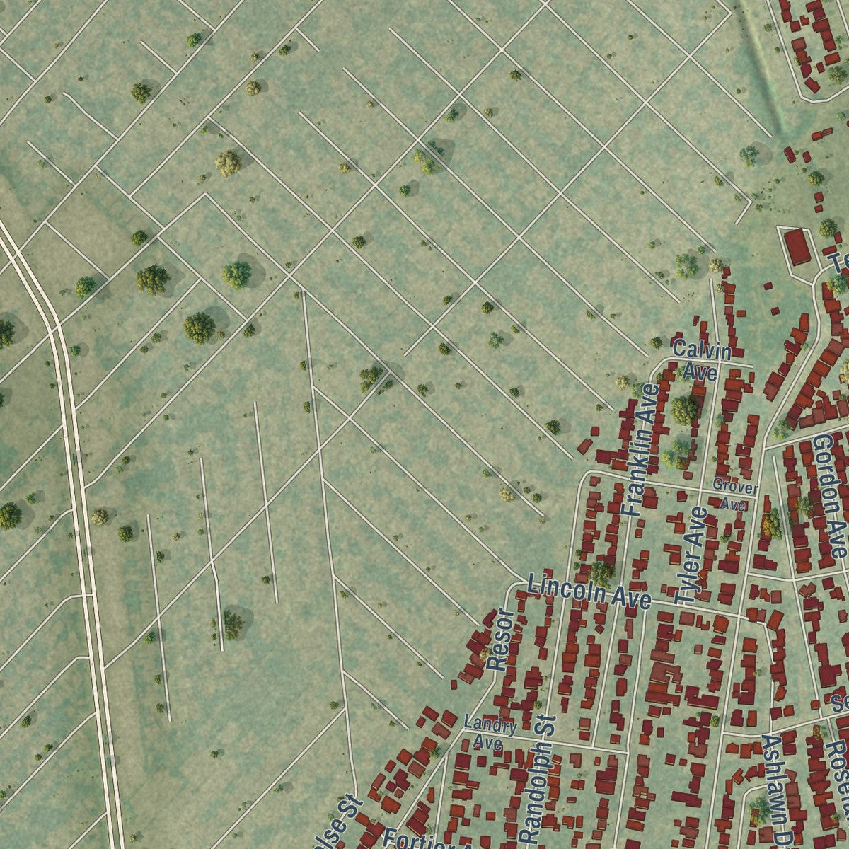 Second close-up of the map of Harahan, Louisiana print showing more streets and buildings