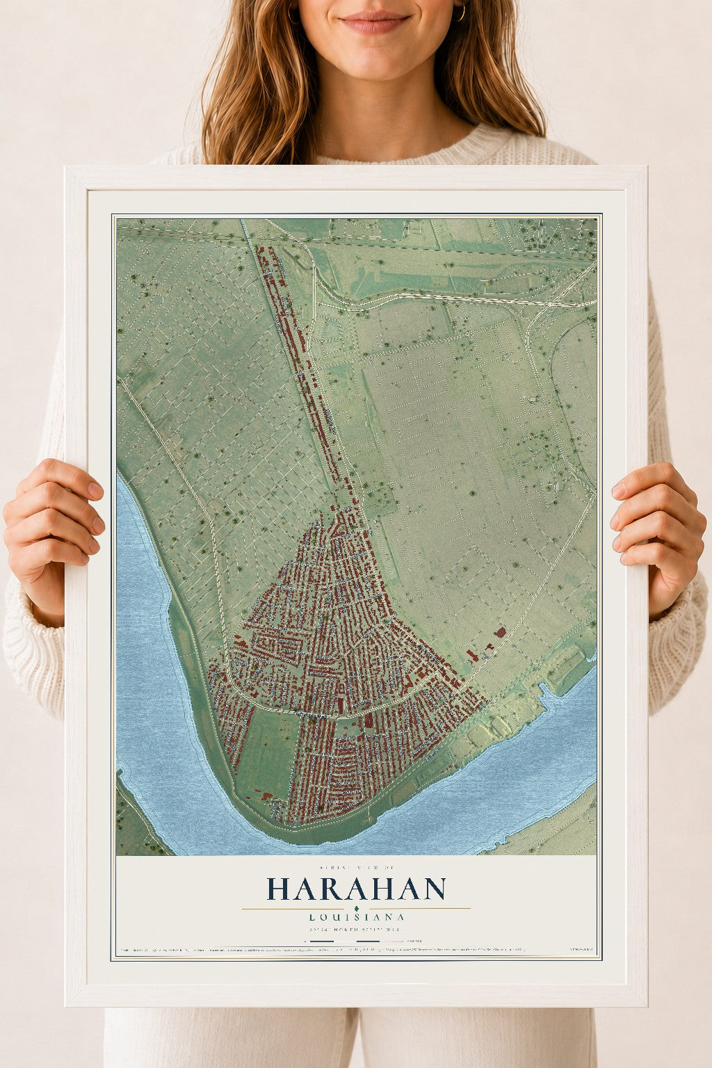 Map of Harahan, Louisiana, 18 x 24 inch print in a white wood frame