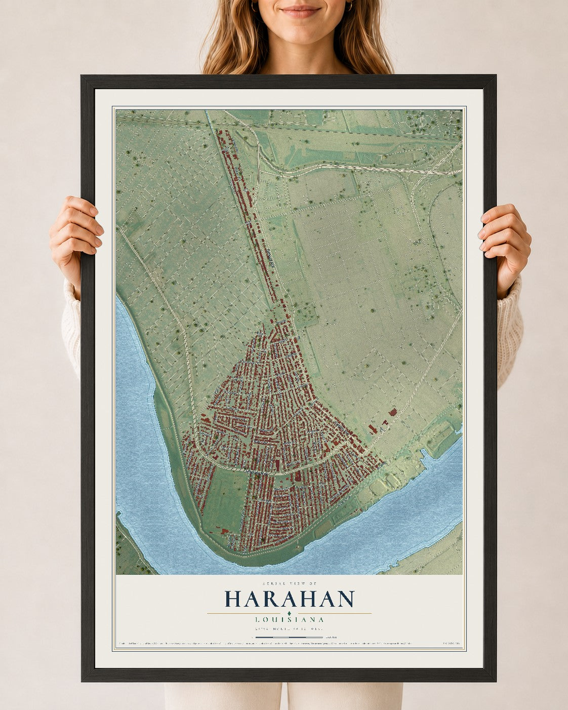 Map of Harahan, Louisiana, 24 x 36 inch print in a black wood frame