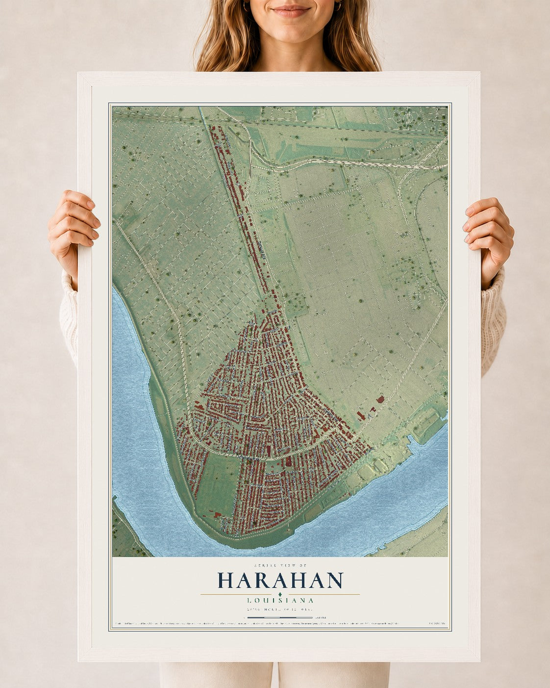 Map of Harahan, Louisiana, 24 x 36 inch print in a white wood frame
