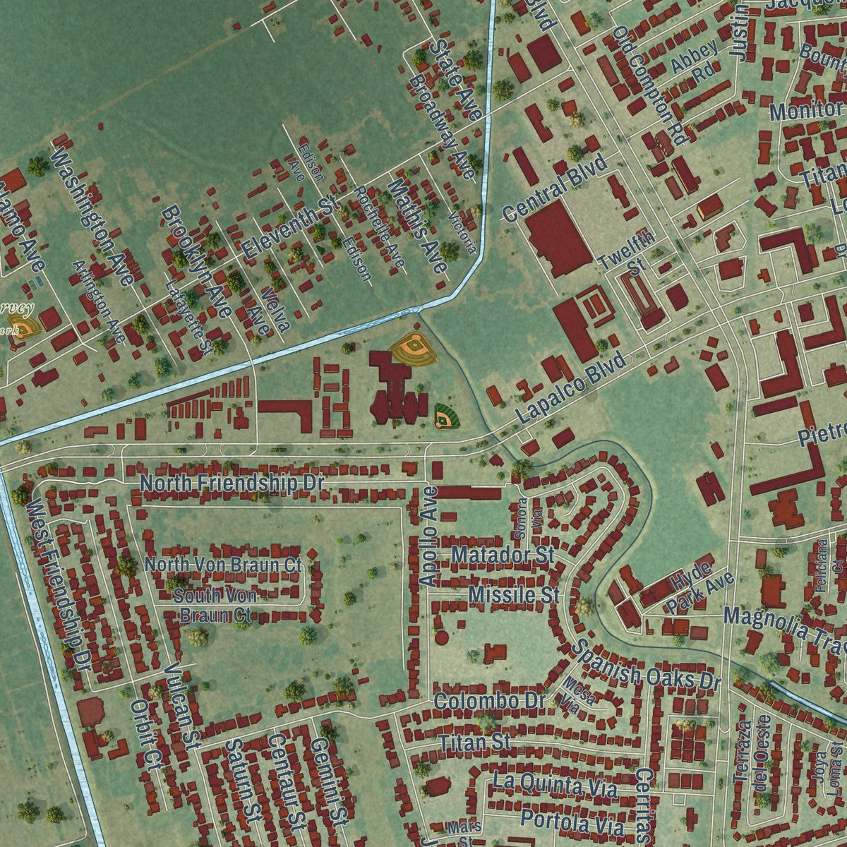 Second close-up of the map of Harvey, Louisiana print showing more streets and buildings