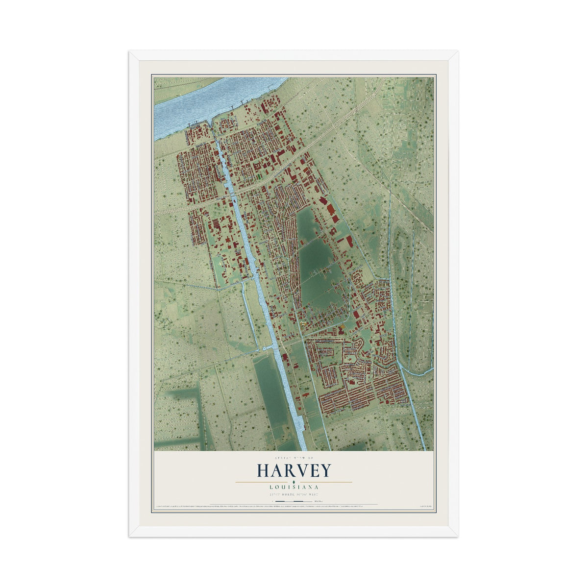 Map of Harvey, Louisiana, 12 x 18 inch print in a white wood frame