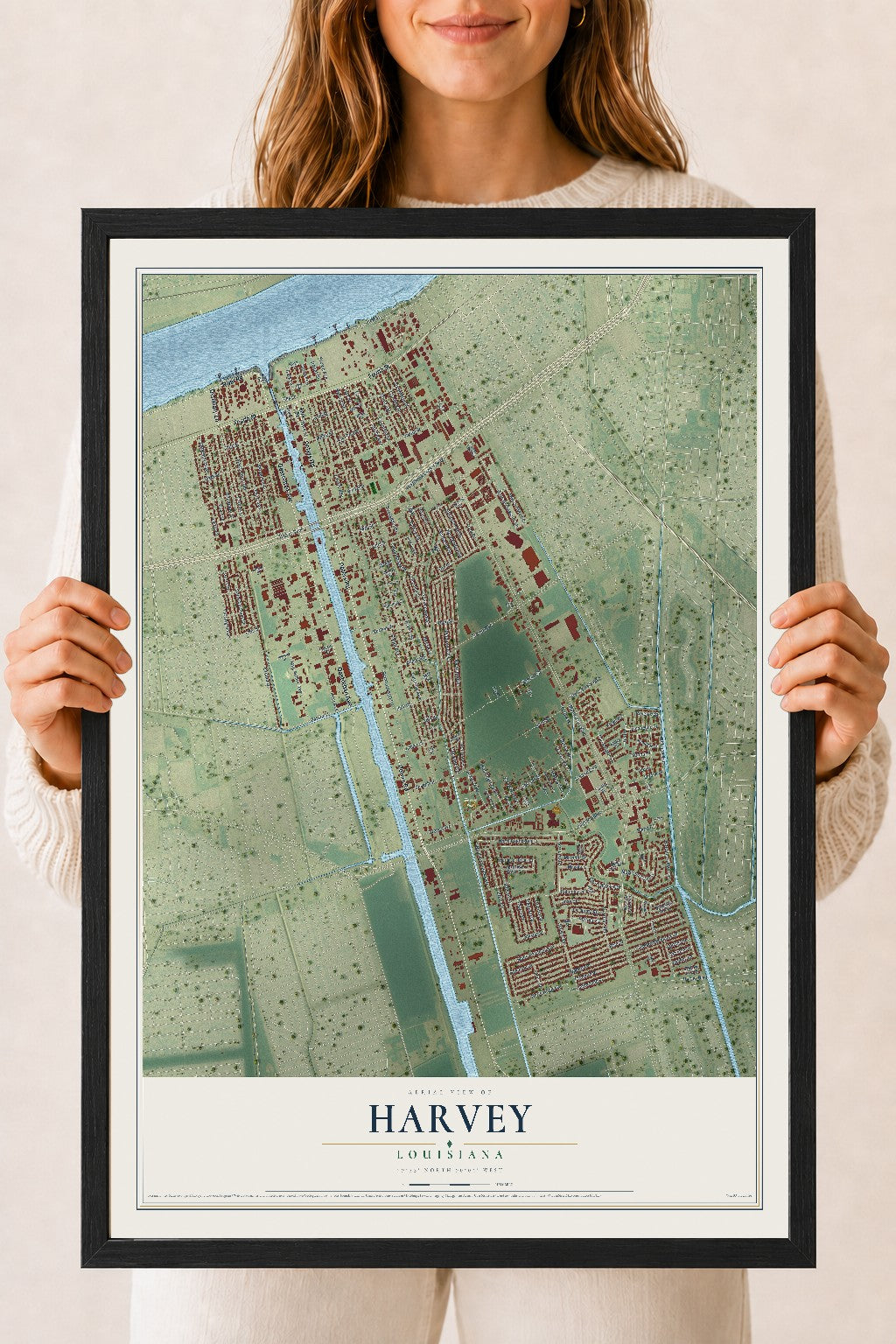 Map of Harvey, Louisiana, 18 x 24 inch print in a black wood frame