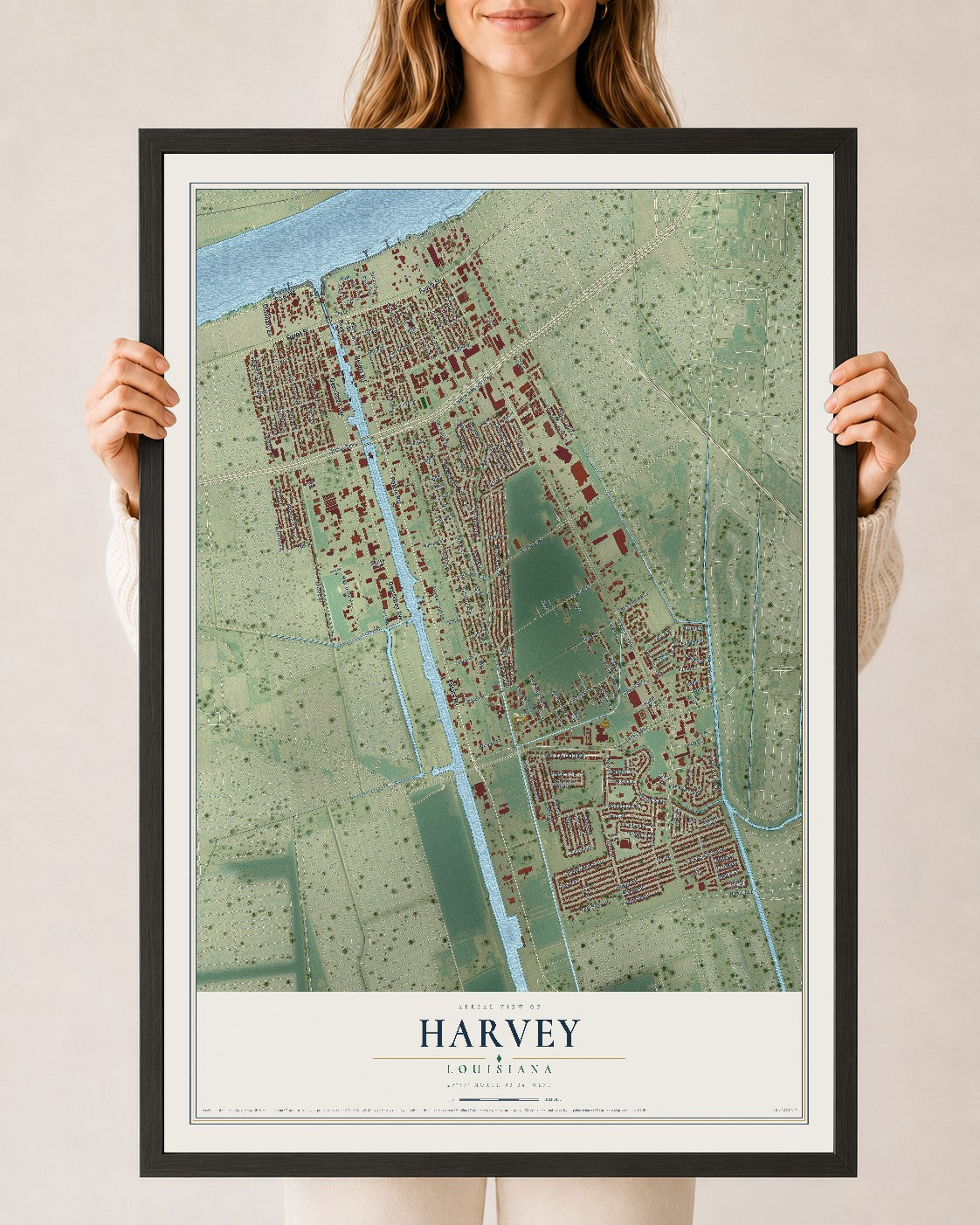 Map of Harvey, Louisiana, 24 x 36 inch print in a black wood frame