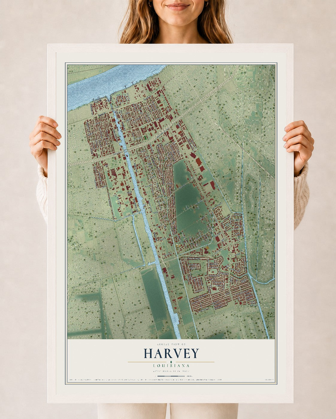 Map of Harvey, Louisiana, 24 x 36 inch print in a white wood frame
