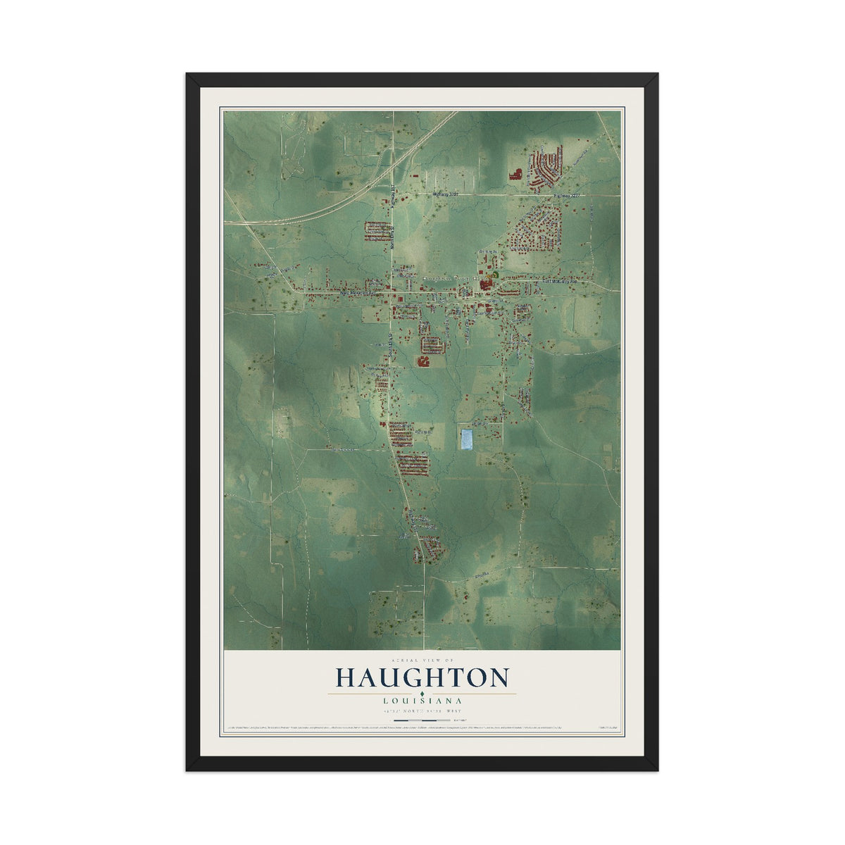 Map of Haughton, Louisiana, 12 x 18 inch print in a black wood frame