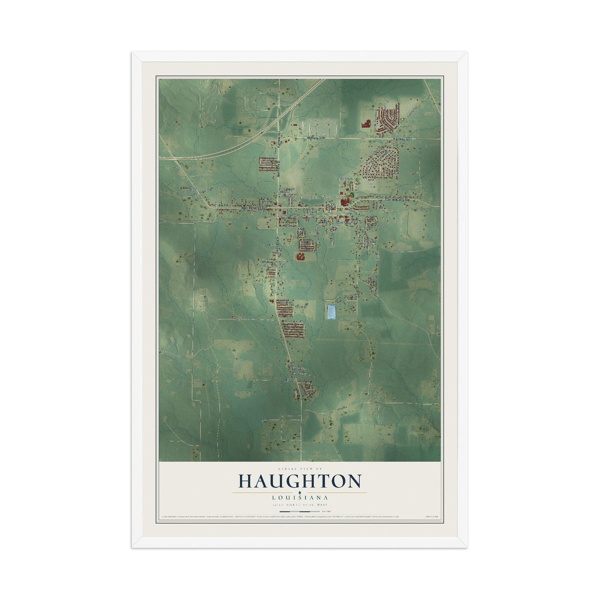 Map of Haughton, Louisiana, 12 x 18 inch print in a white wood frame