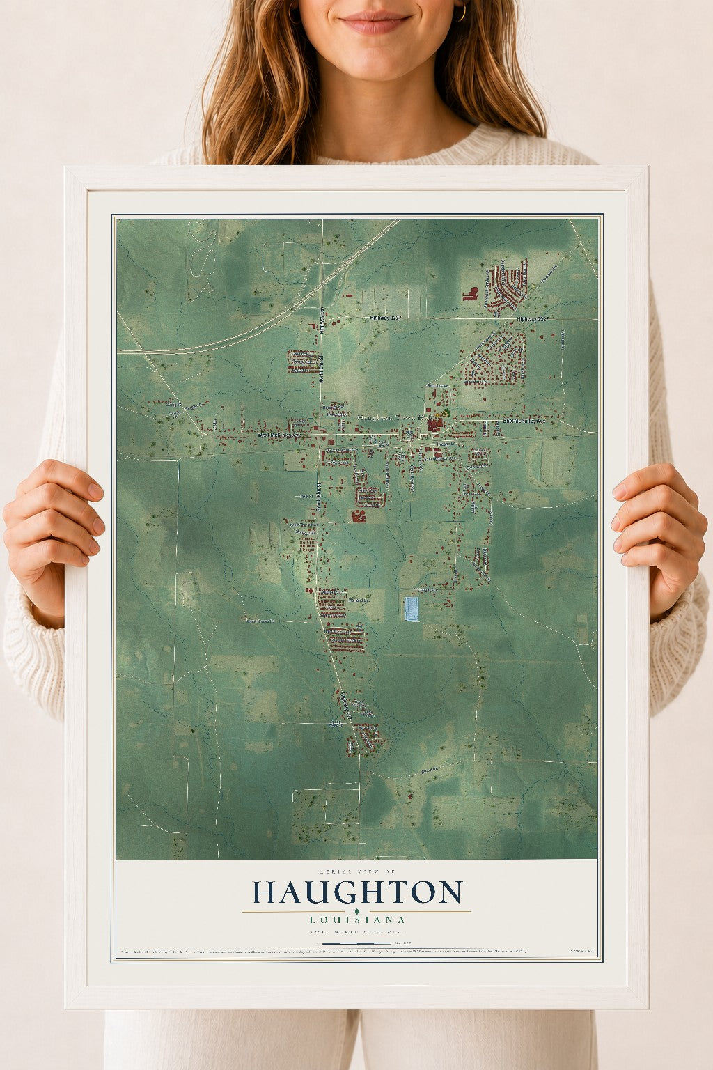 Map of Haughton, Louisiana, 18 x 24 inch print in a white wood frame