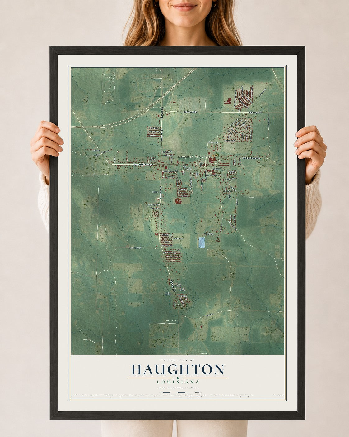 Map of Haughton, Louisiana, 24 x 36 inch print in a black wood frame