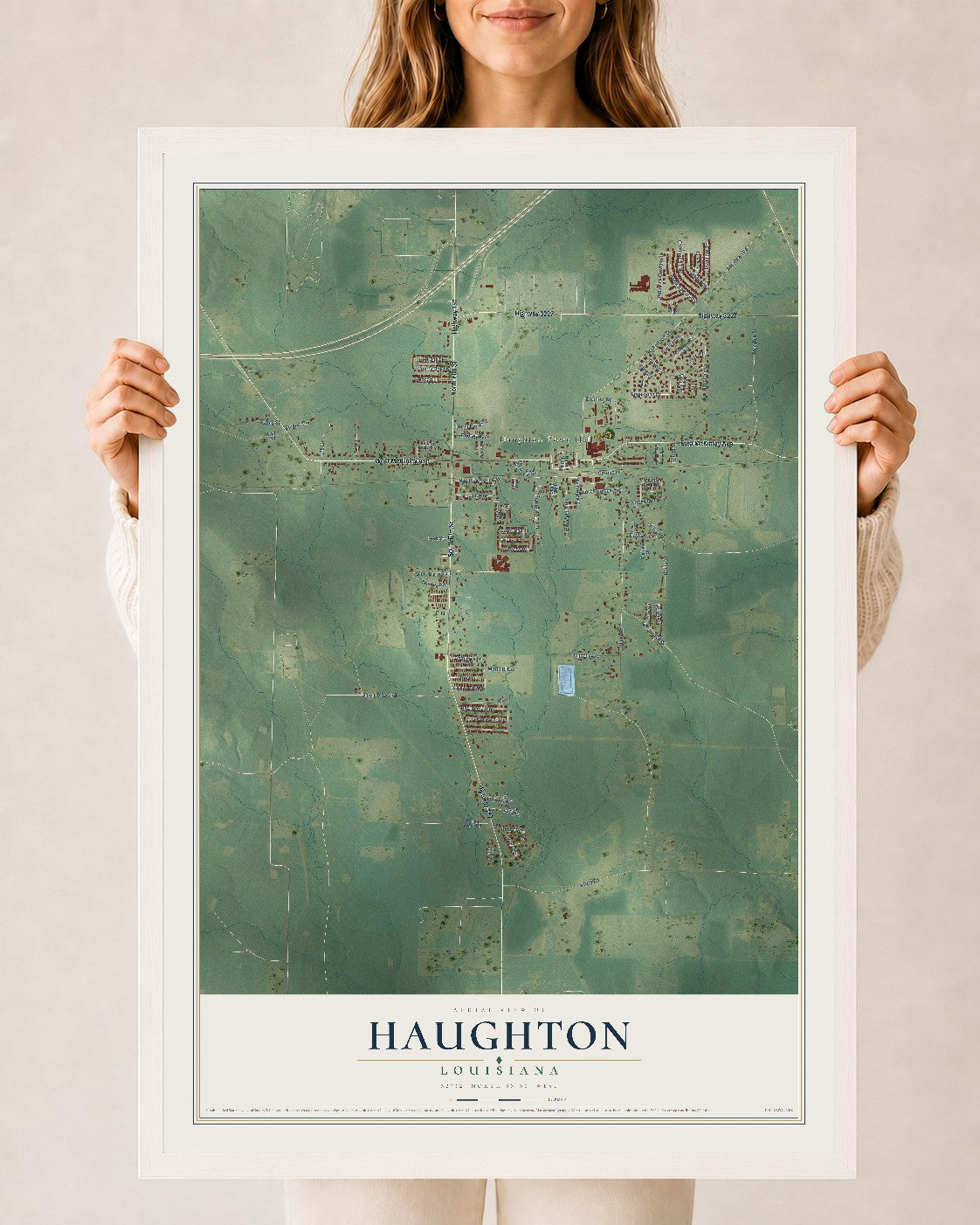 Map of Haughton, Louisiana, 24 x 36 inch print in a white wood frame