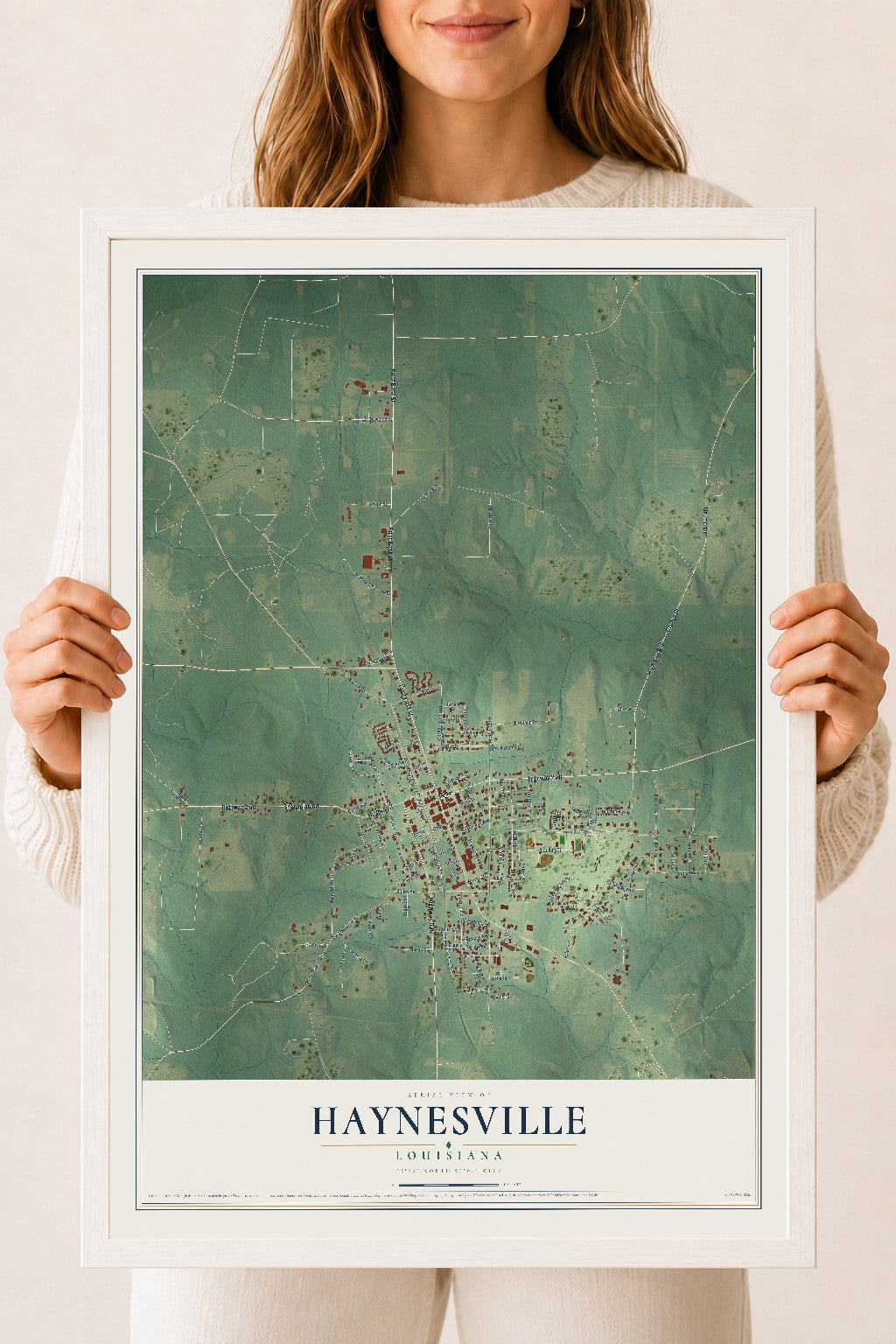 Map of Haynesville, Louisiana, 18 x 24 inch print in a white wood frame