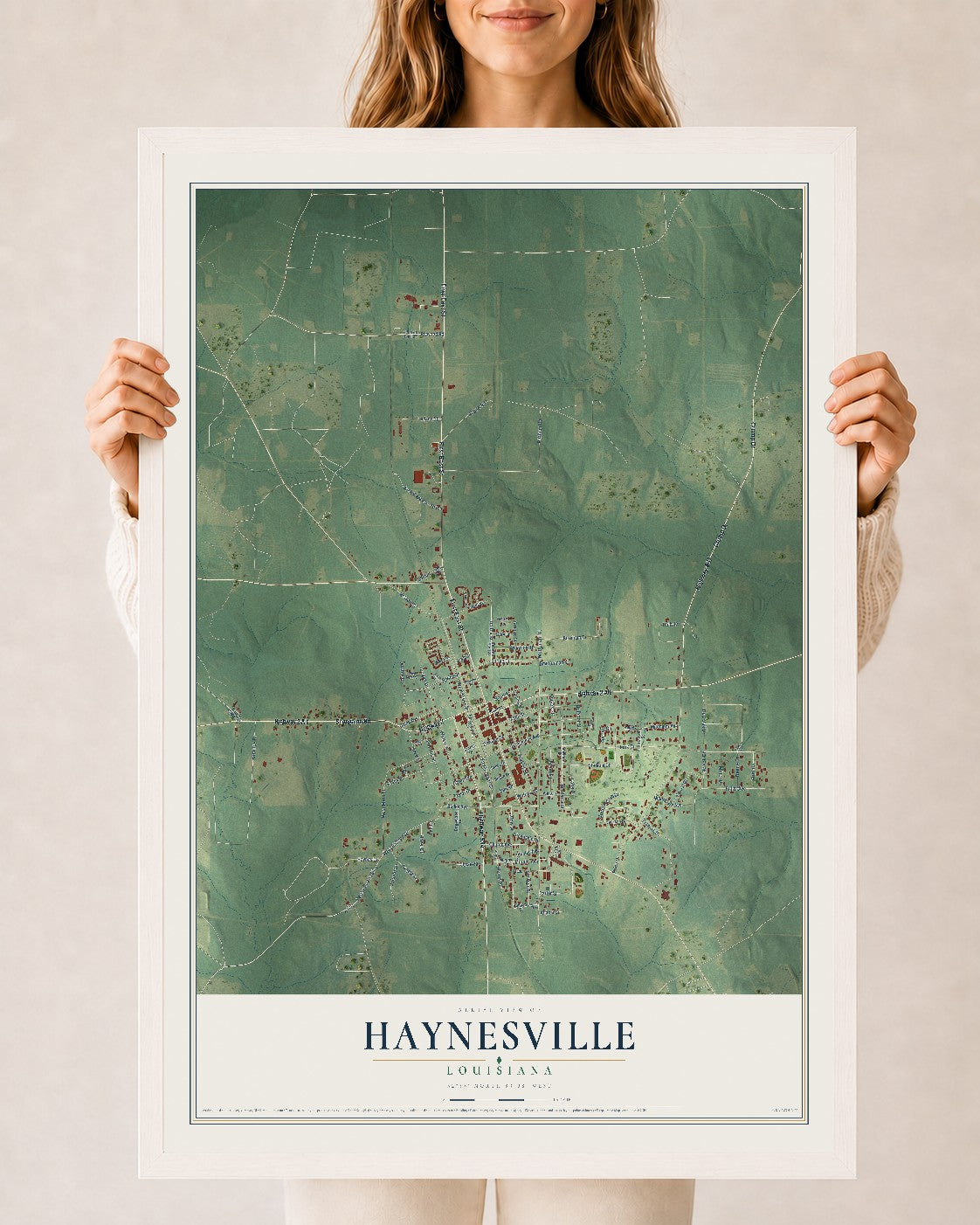 Map of Haynesville, Louisiana, 24 x 36 inch print in a white wood frame