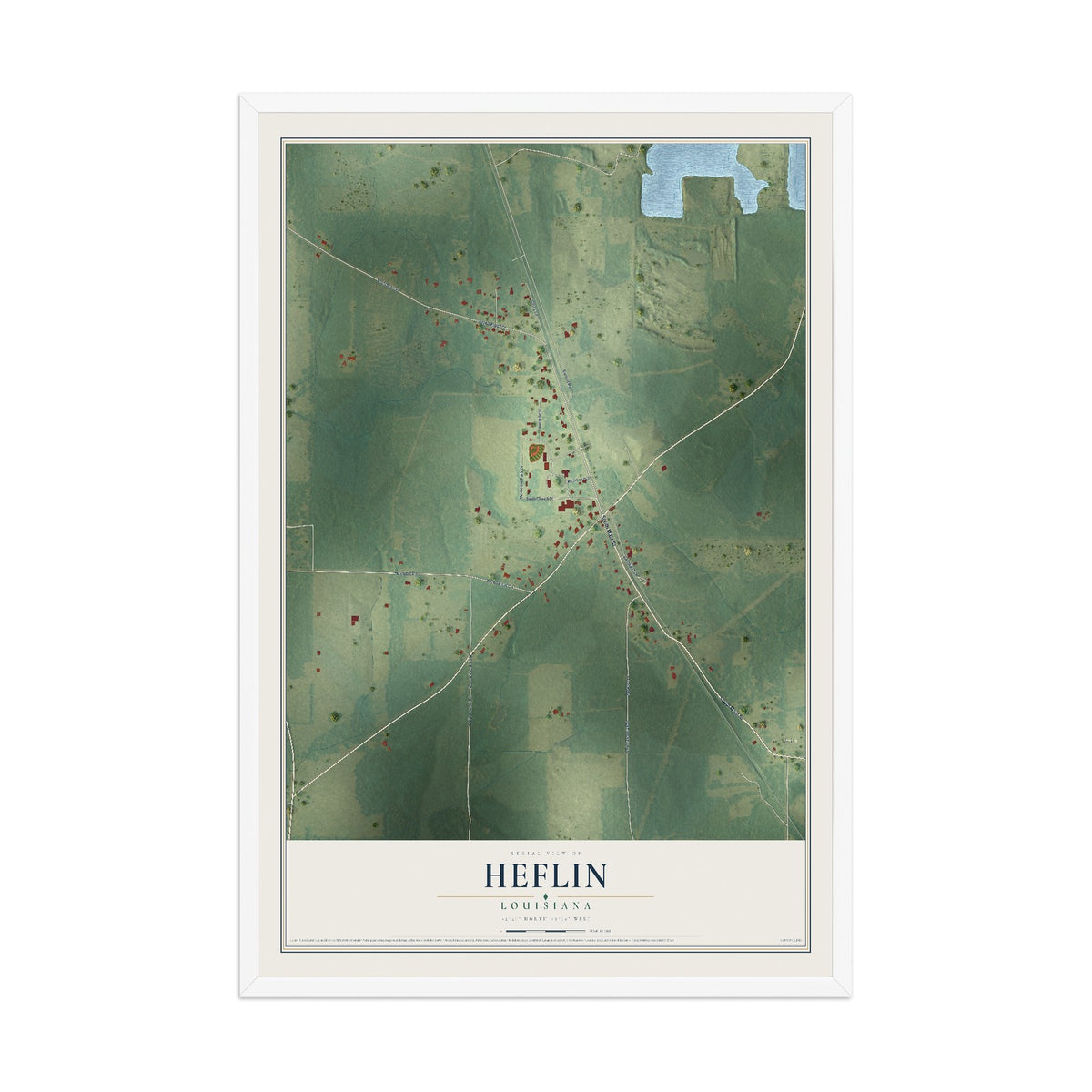 Map of Heflin, Louisiana, 12 x 18 inch print in a white wood frame