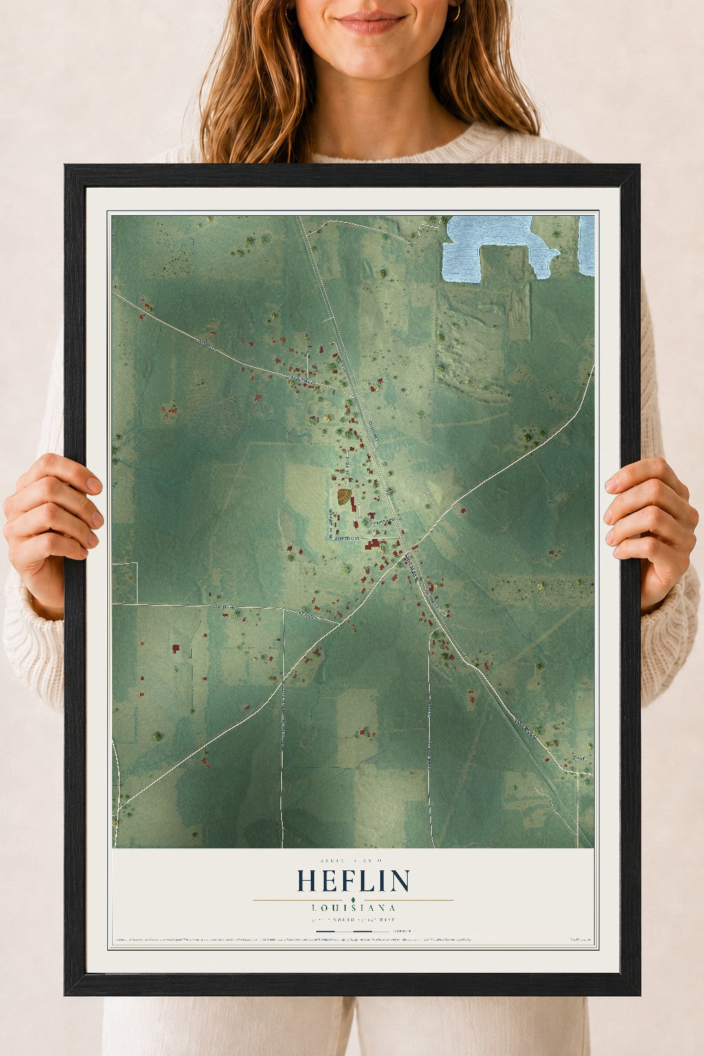 Map of Heflin, Louisiana, 18 x 24 inch print in a black wood frame