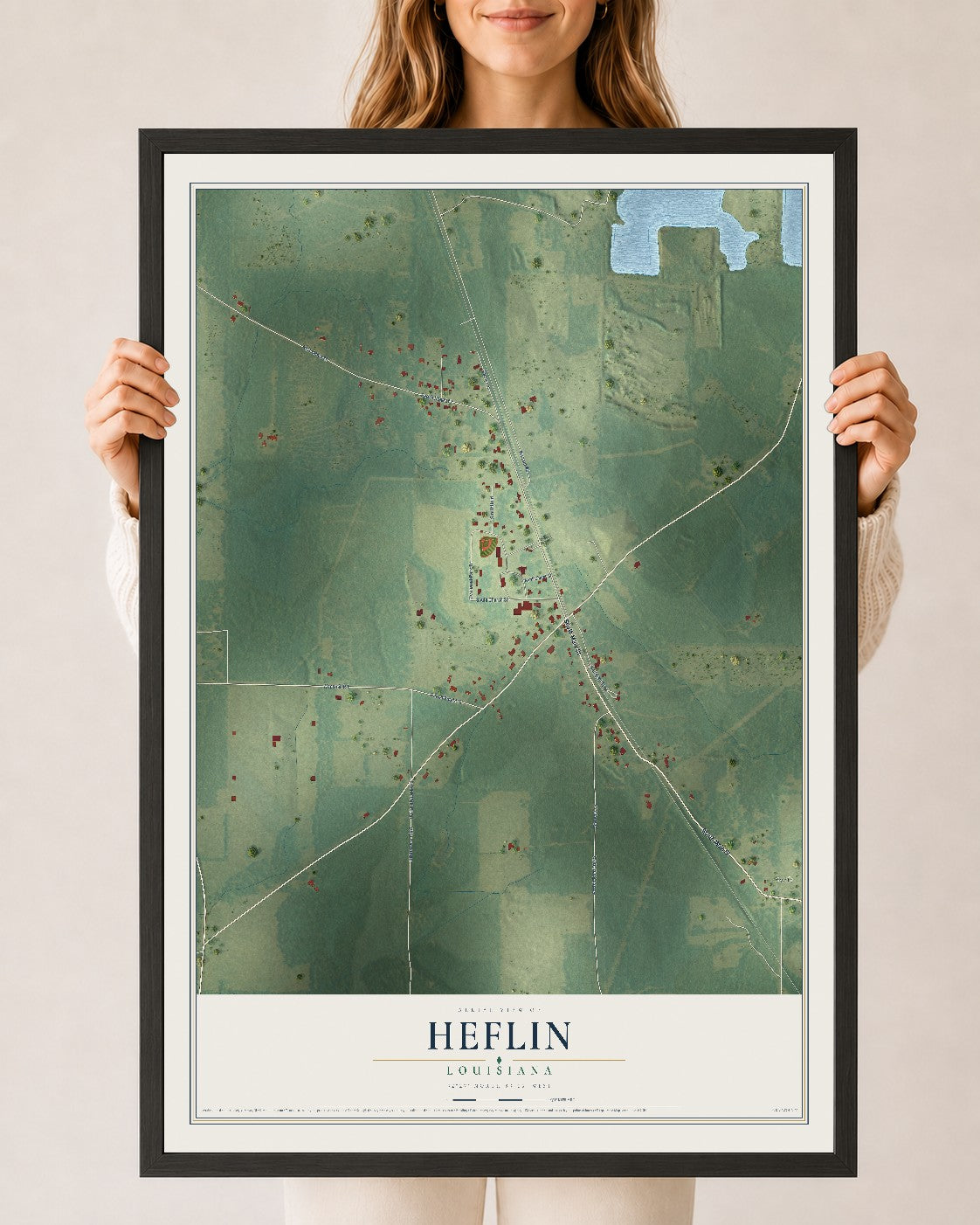 Map of Heflin, Louisiana, 24 x 36 inch print in a black wood frame