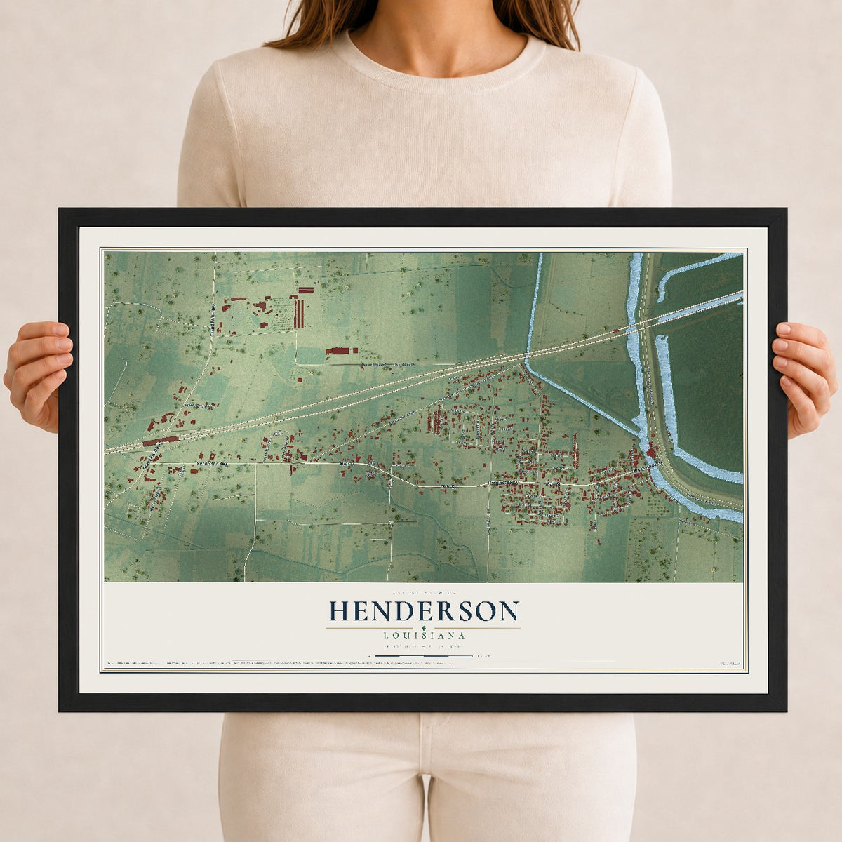 Map of Henderson, Louisiana, 12 x 18 inch print in a black wood frame
