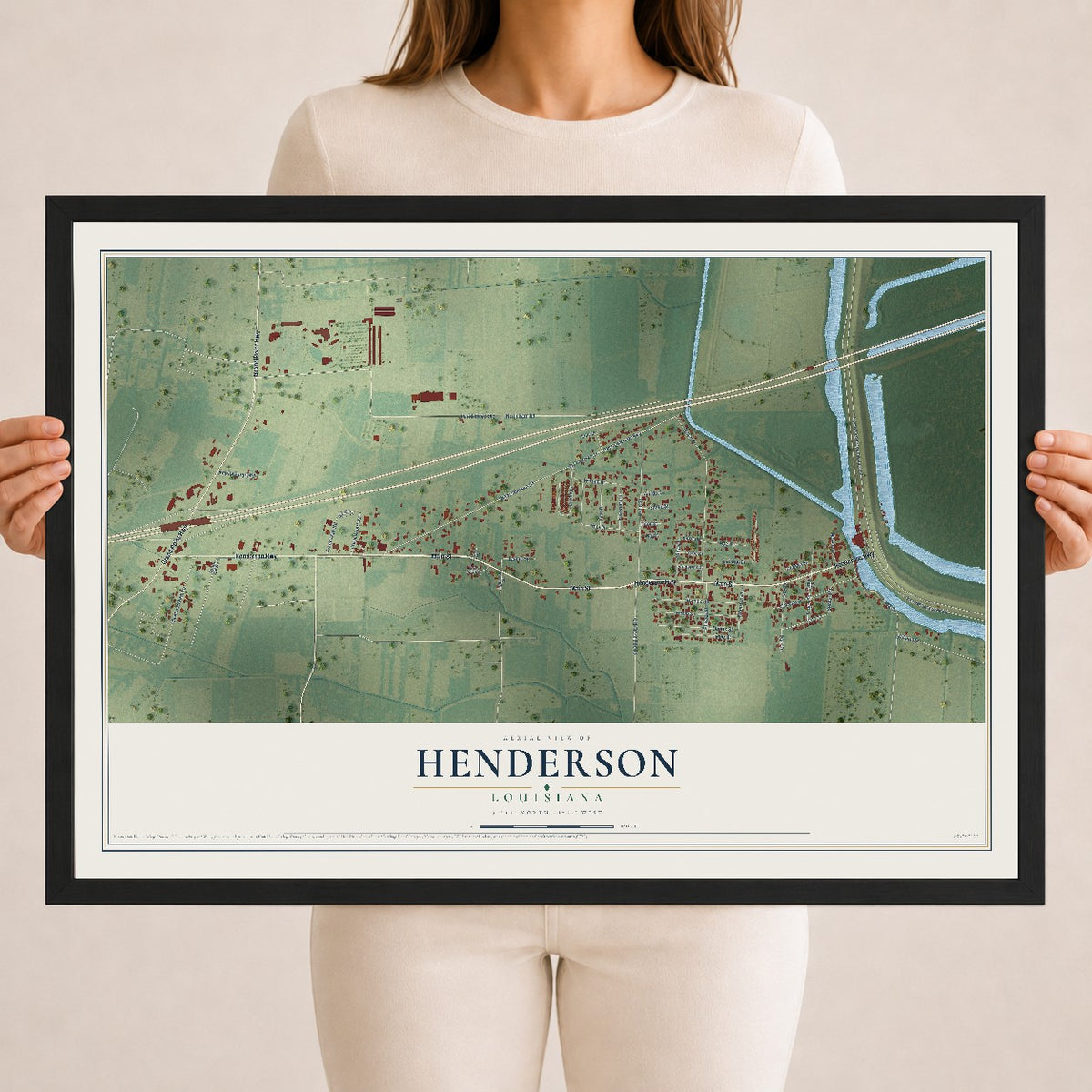Map of Henderson, Louisiana, 18 x 24 inch print in a black wood frame