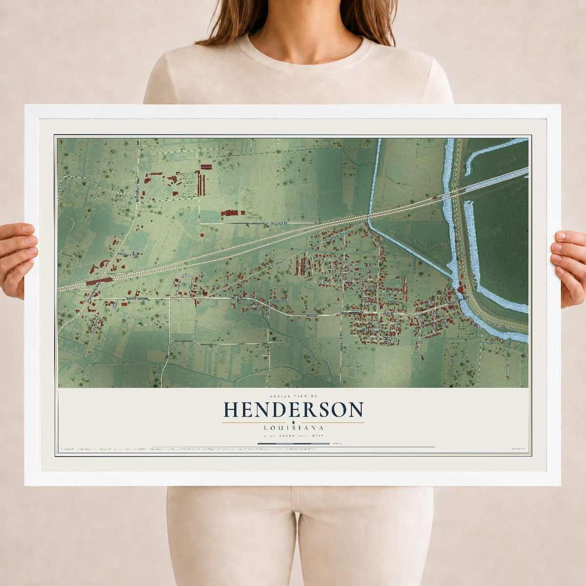 Map of Henderson, Louisiana, 18 x 24 inch print in a white wood frame