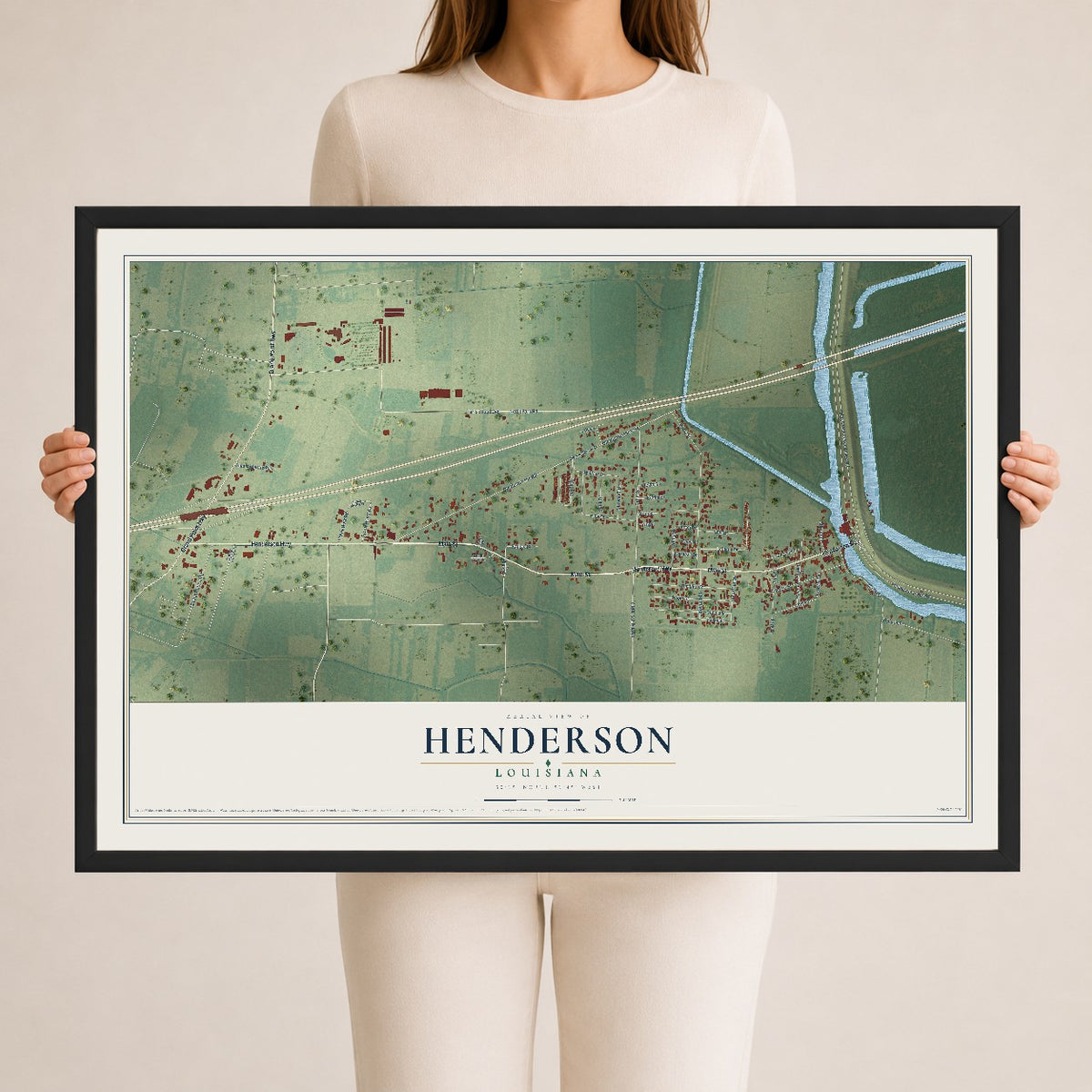 Map of Henderson, Louisiana, 24 x 36 inch print in a black wood frame