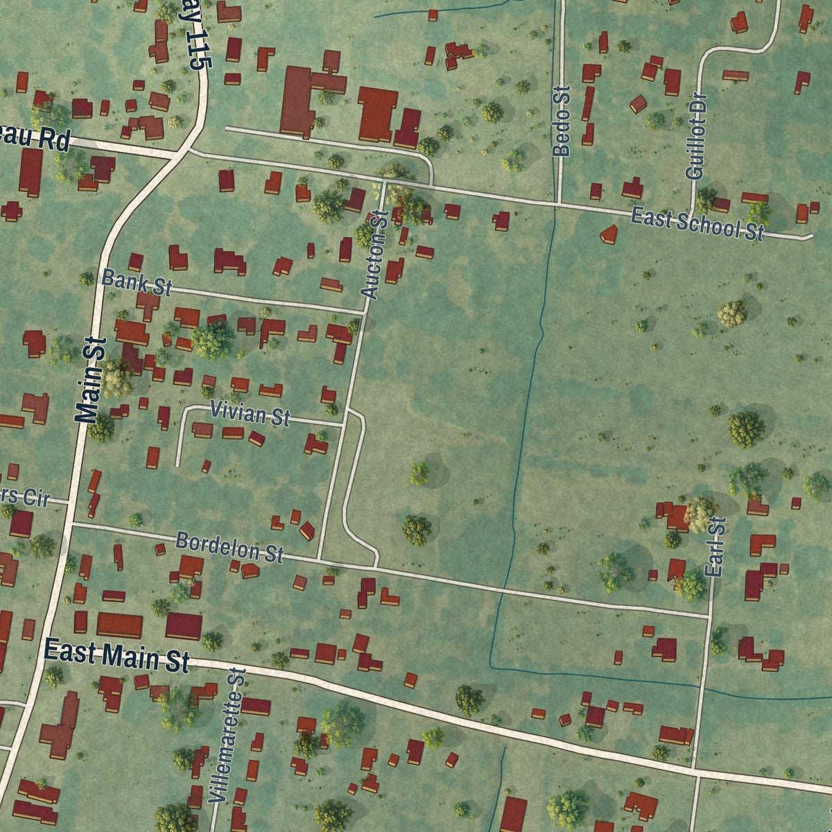 Close-up of the map of Hessmer, Louisiana print showing street and building detail