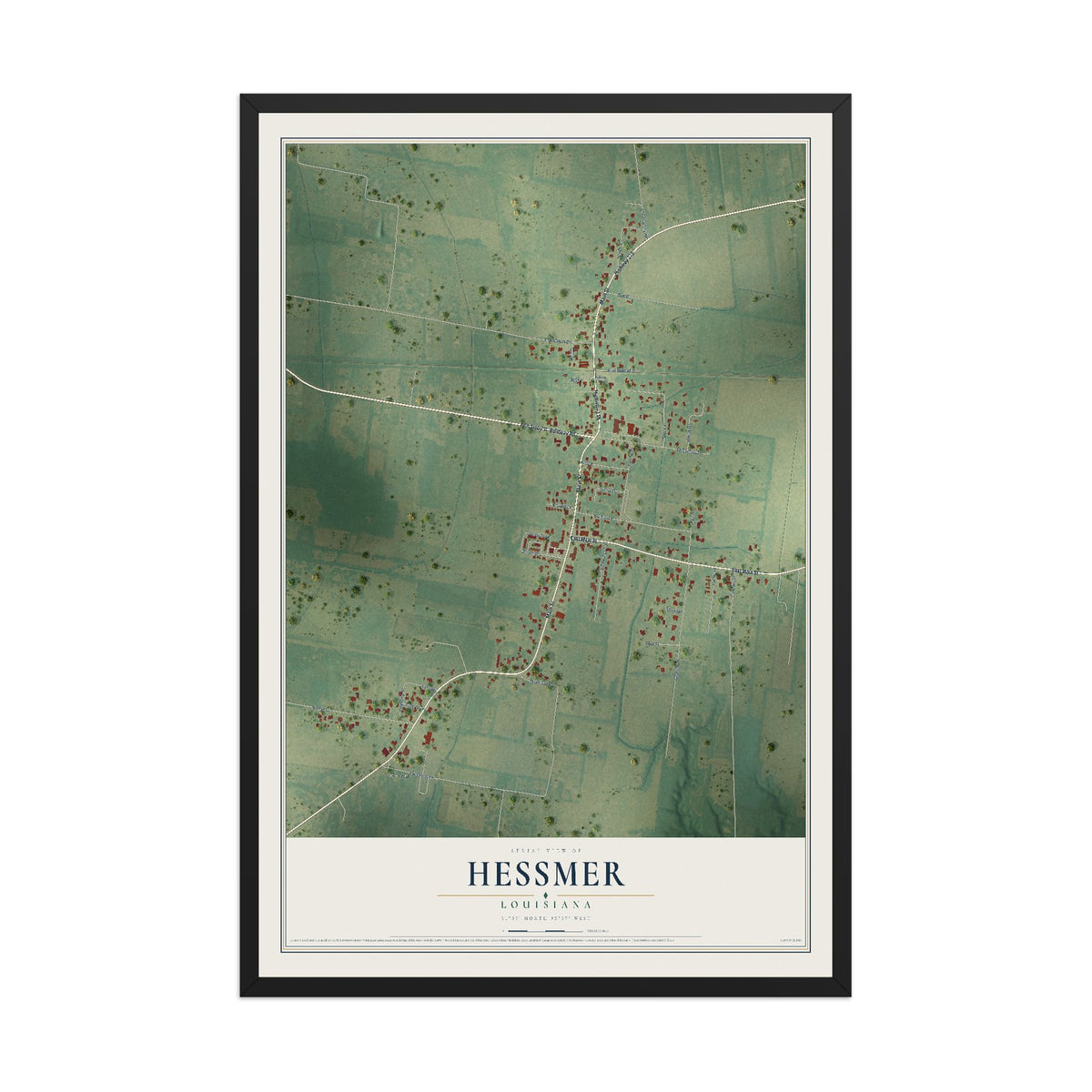 Map of Hessmer, Louisiana, 12 x 18 inch print in a black wood frame