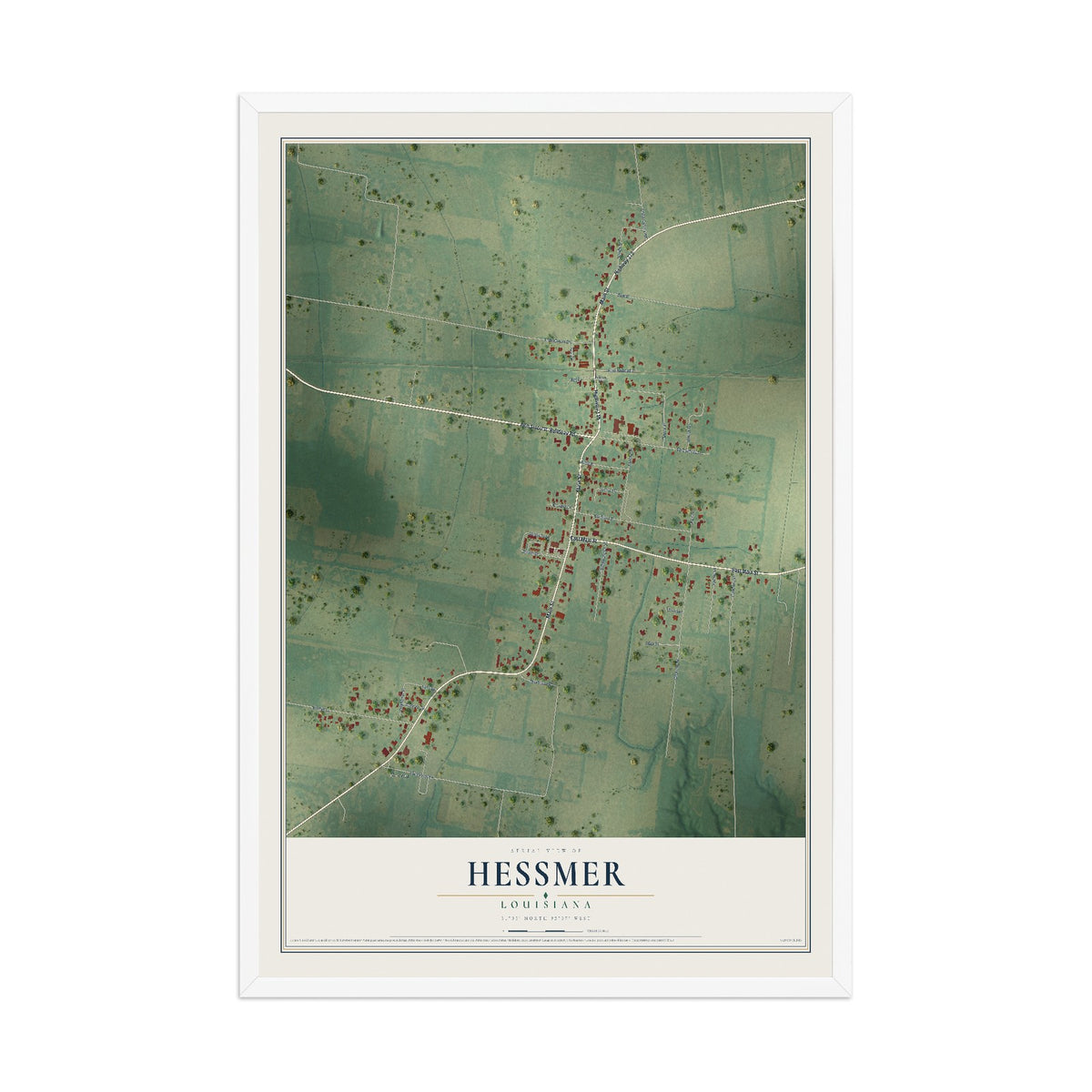 Map of Hessmer, Louisiana, 12 x 18 inch print in a white wood frame