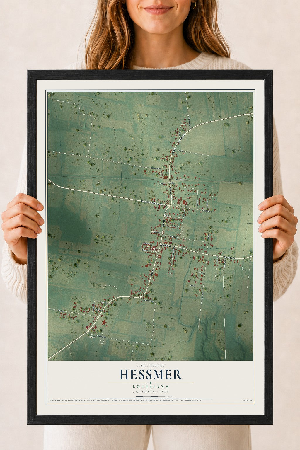 Map of Hessmer, Louisiana, 18 x 24 inch print in a black wood frame