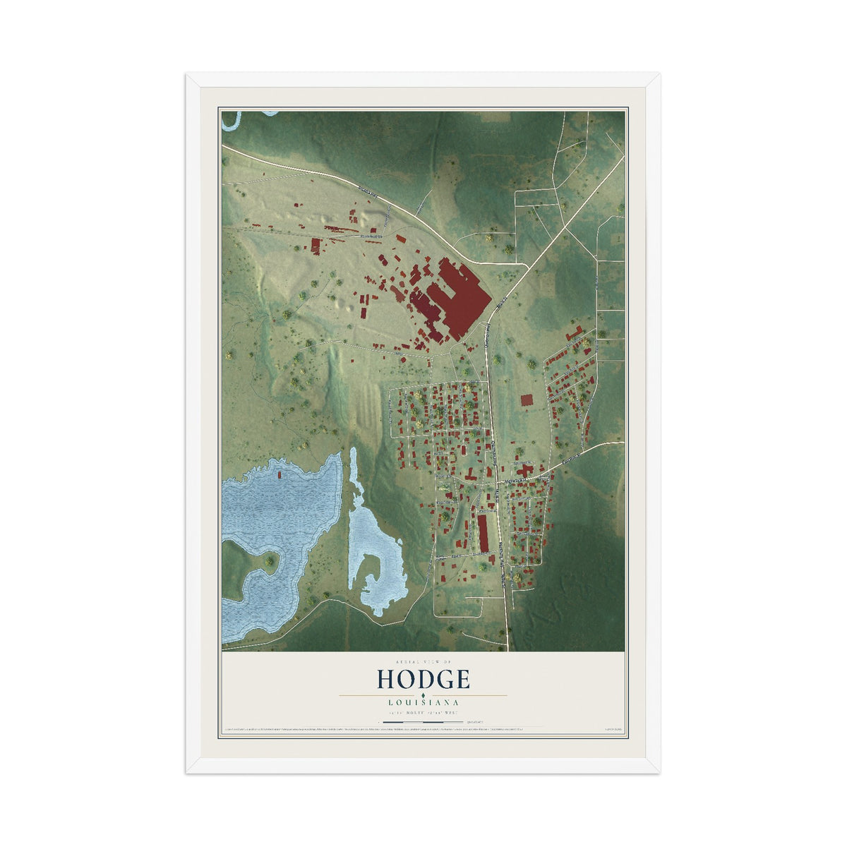 Map of Hodge, Louisiana, 12 x 18 inch print in a white wood frame