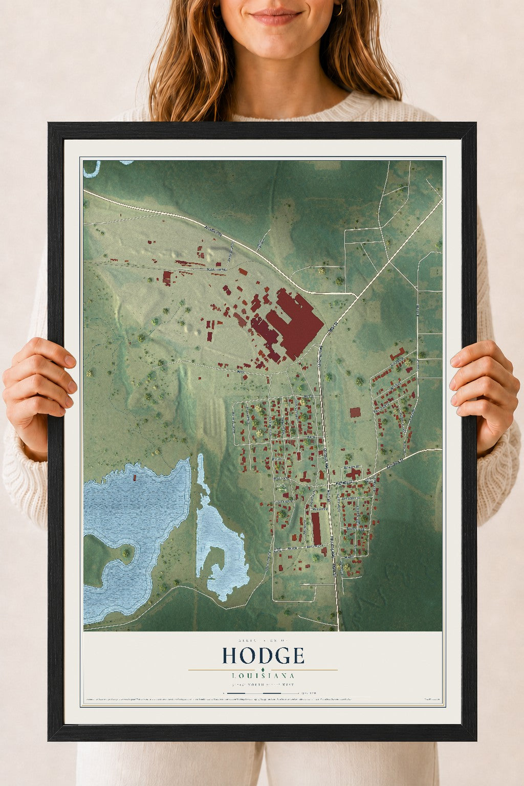 Map of Hodge, Louisiana, 18 x 24 inch print in a black wood frame