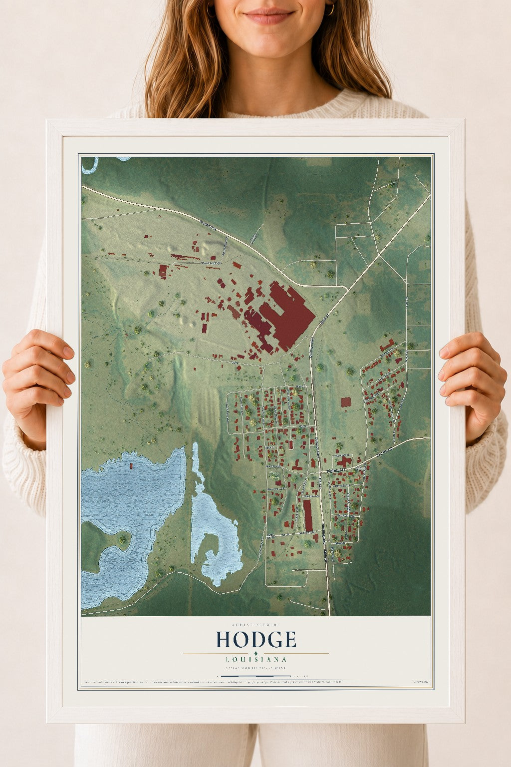 Map of Hodge, Louisiana, 18 x 24 inch print in a white wood frame
