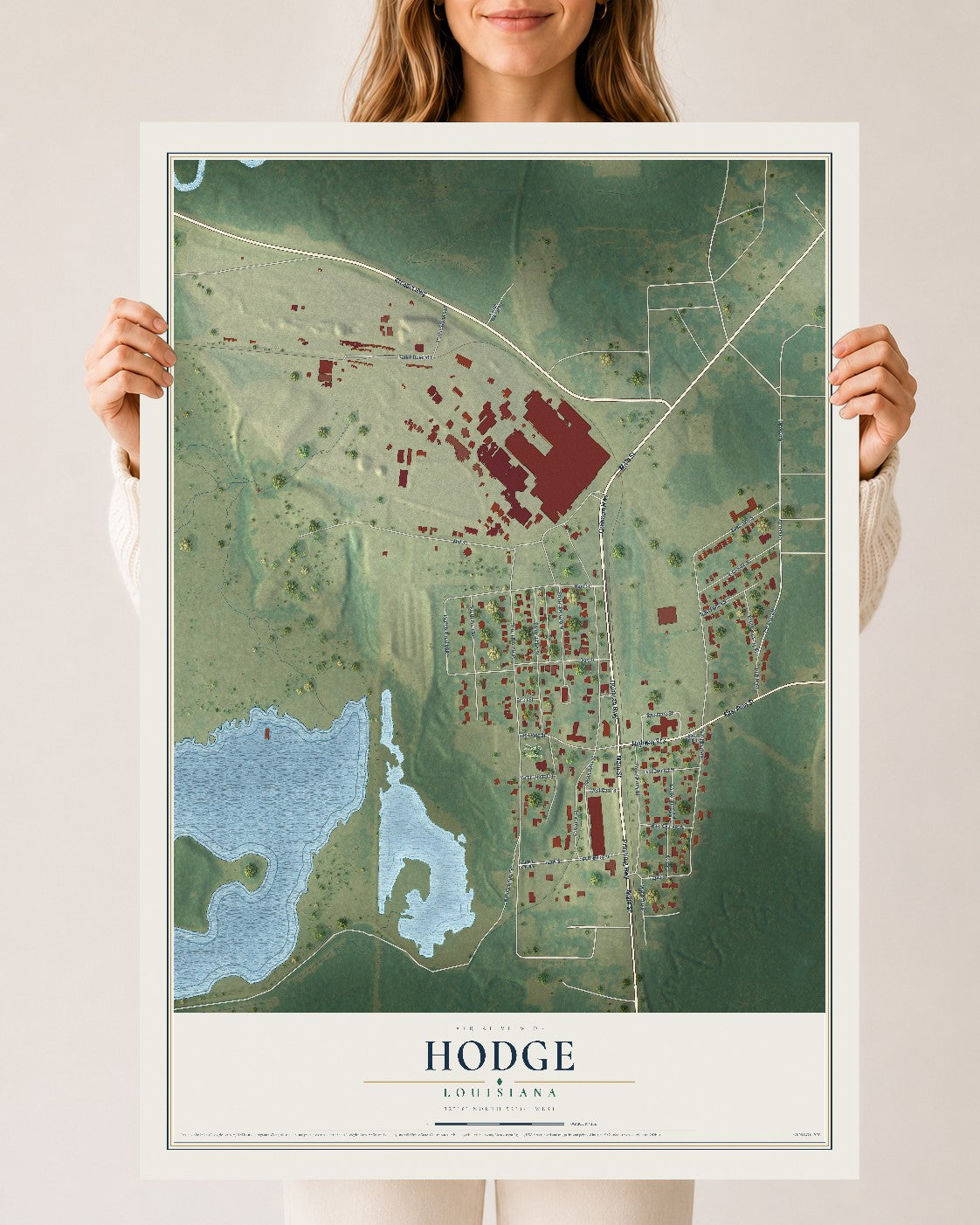 Map of Hodge, Louisiana, 24 x 36 inch unframed archival matte print