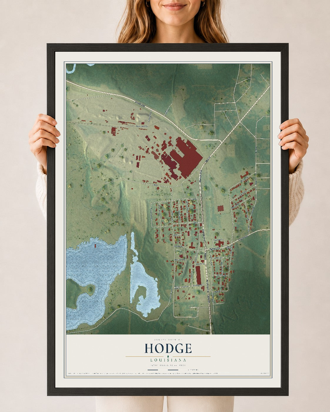 Map of Hodge, Louisiana, 24 x 36 inch print in a black wood frame