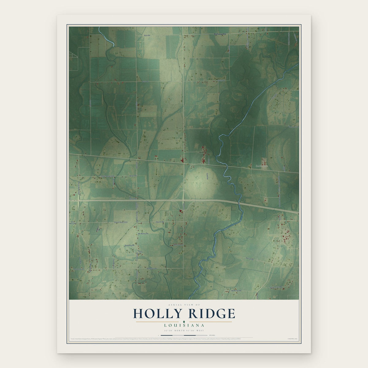 Holly Ridge, Louisiana map print, the full design