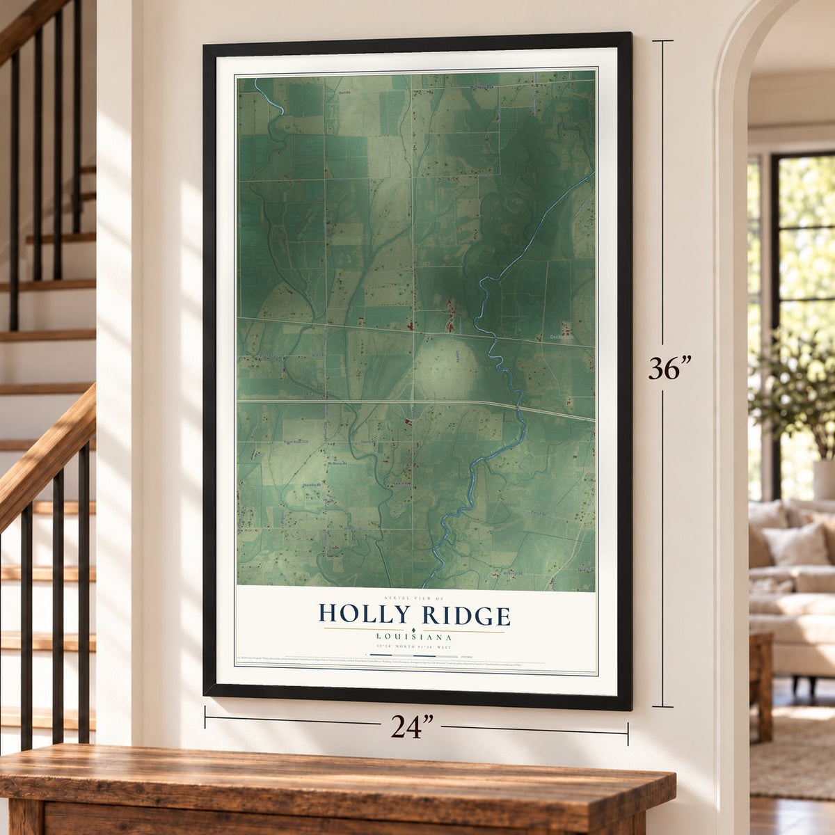 Holly Ridge, Louisiana map, 24 x 36 inch print in a black frame by a staircase