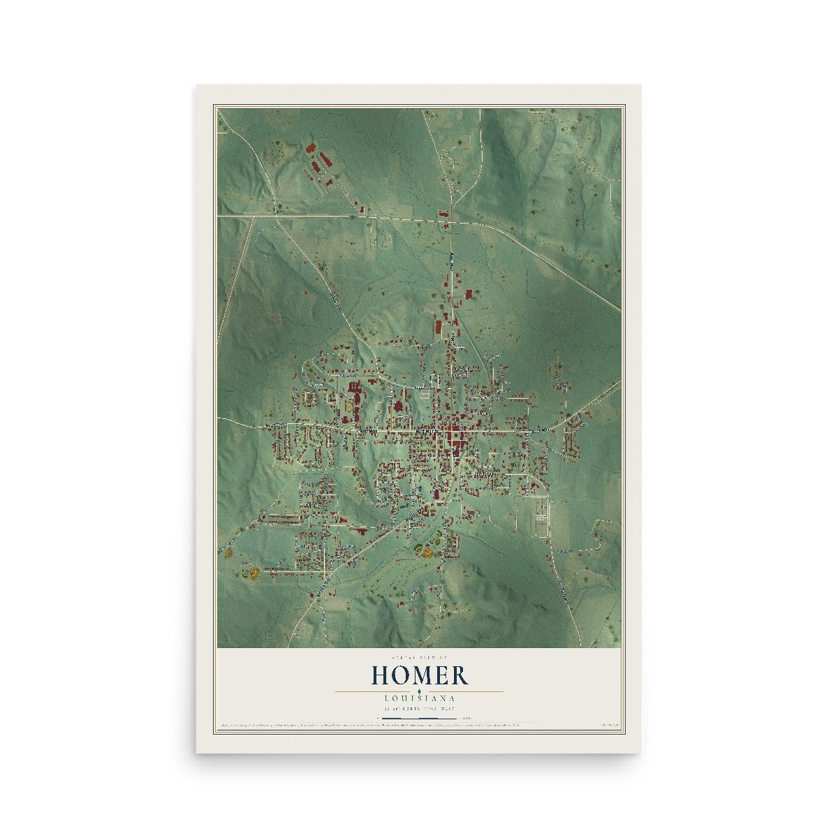 Map of Homer, Louisiana, 12 x 18 inch unframed archival matte print