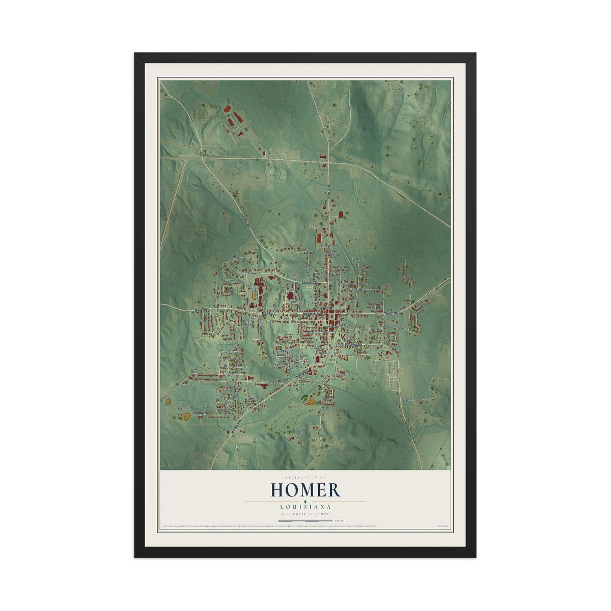 Map of Homer, Louisiana, 12 x 18 inch print in a black wood frame