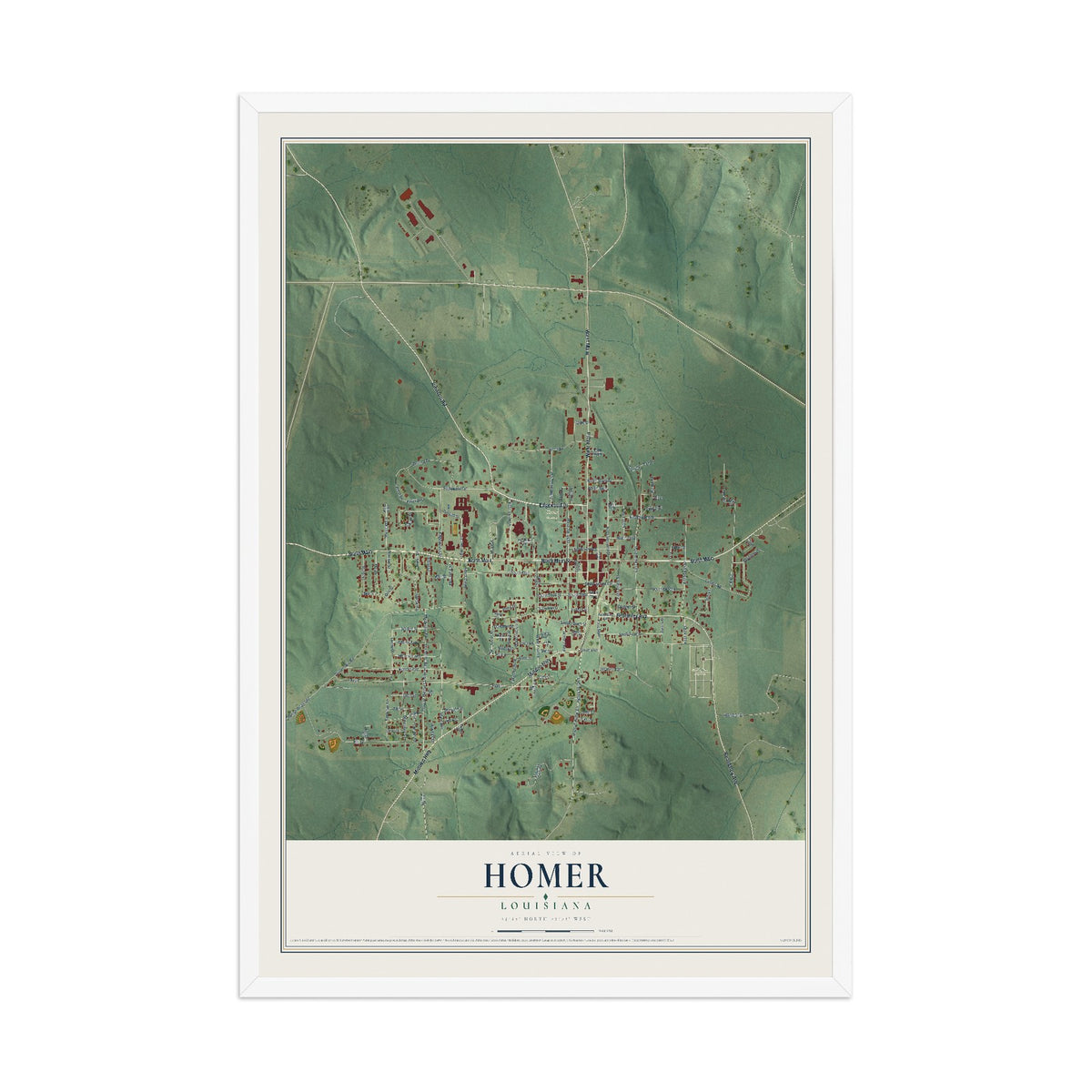 Map of Homer, Louisiana, 12 x 18 inch print in a white wood frame