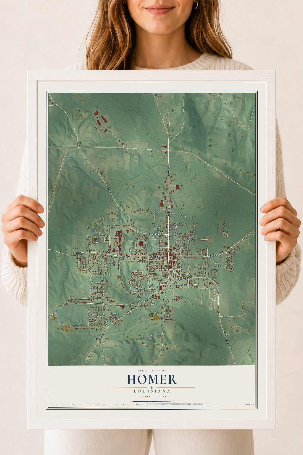 Map of Homer, Louisiana, 18 x 24 inch print in a white wood frame