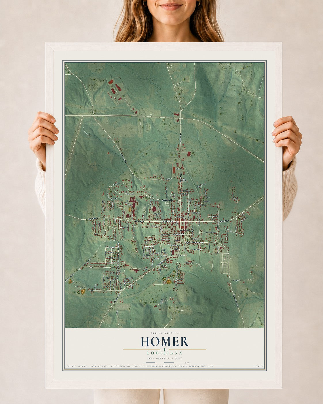 Map of Homer, Louisiana, 24 x 36 inch print in a white wood frame
