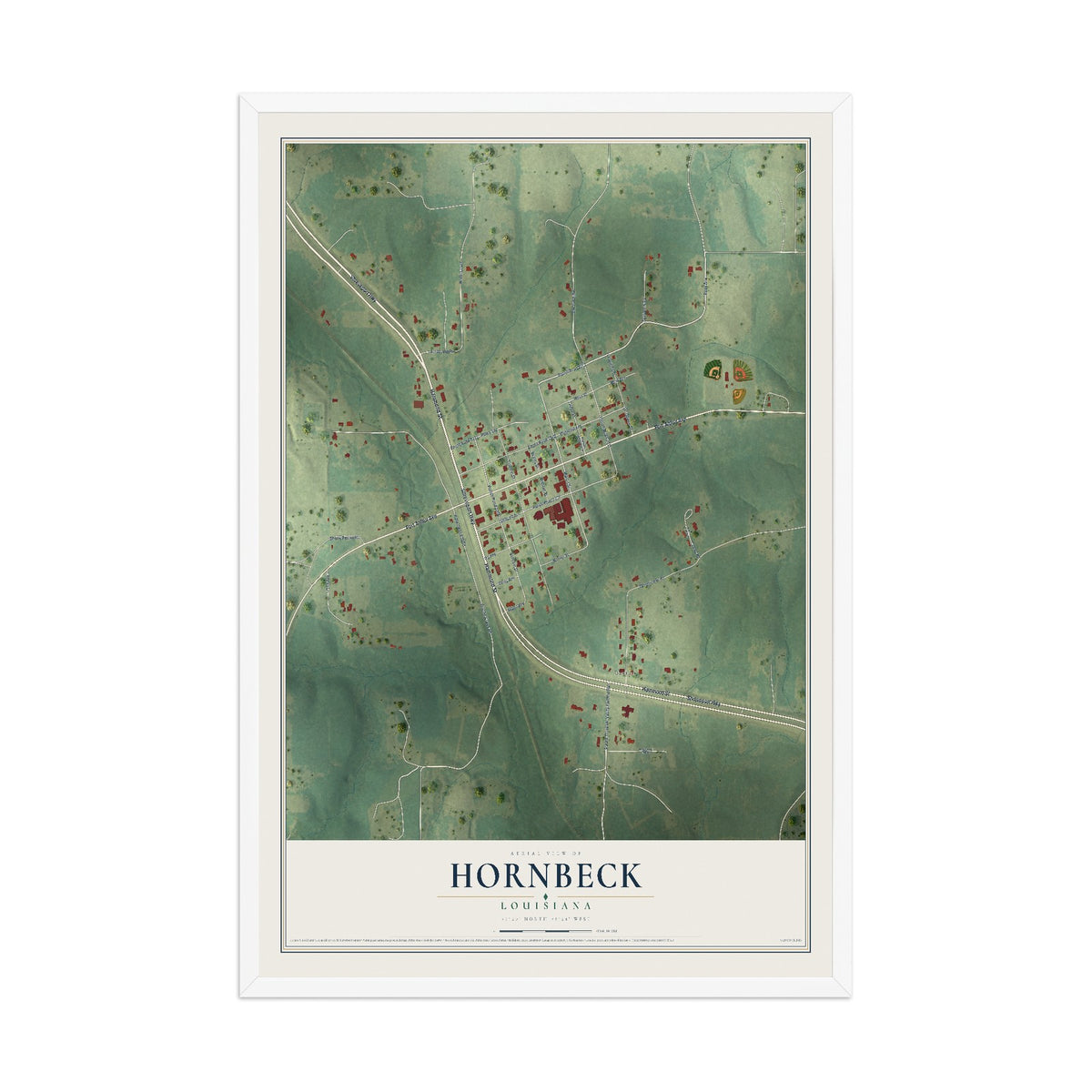 Map of Hornbeck, Louisiana, 12 x 18 inch print in a white wood frame