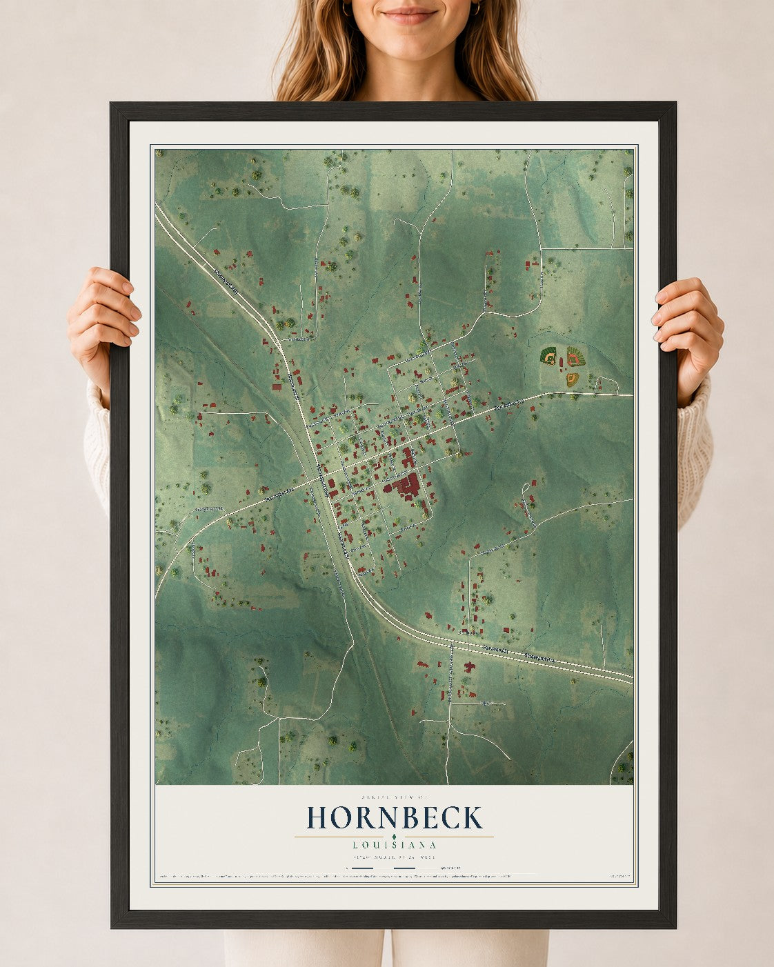 Map of Hornbeck, Louisiana, 24 x 36 inch print in a black wood frame